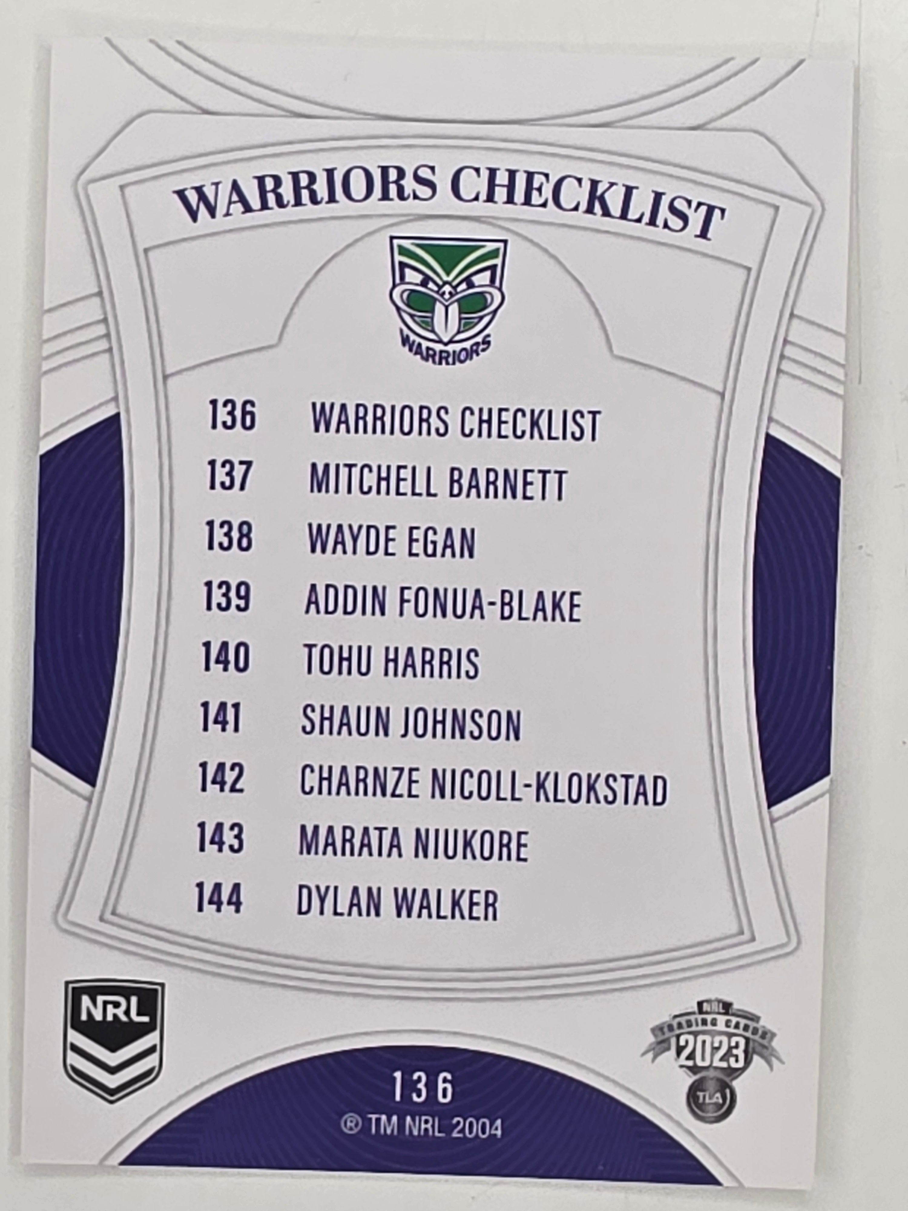 NRL 2023 Elite Base Card #136 Warriors Checklist New Zealand Warriors