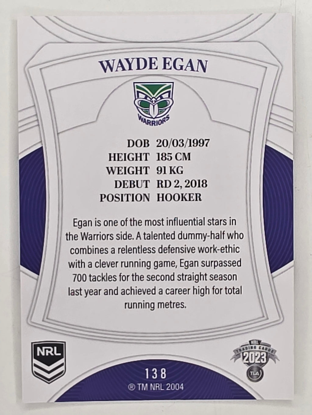 NRL 2023 Elite Base Card #138 Wayde Egan New Zealand Warriors