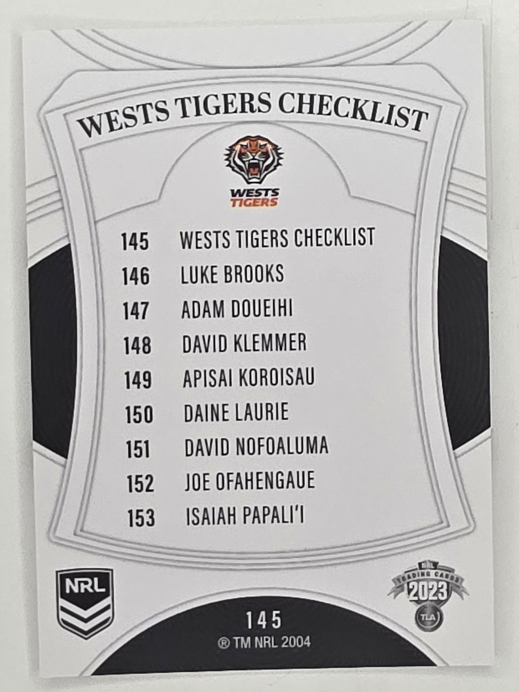 NRL 2023 Elite Base Card #145 Wests Tigers Checklist Wests Tigers