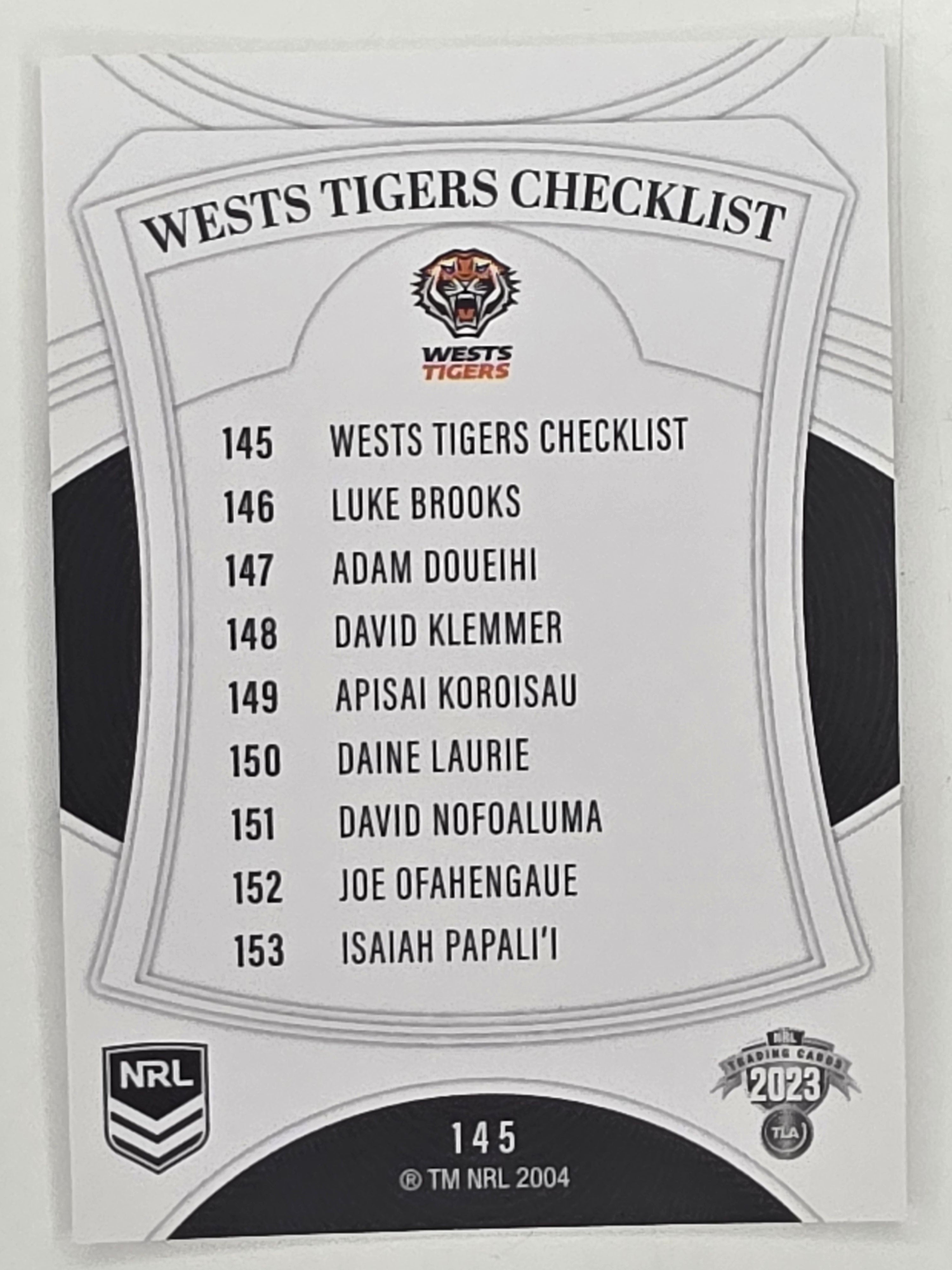 NRL 2023 Elite Base Card #145 Wests Tigers Checklist Wests Tigers