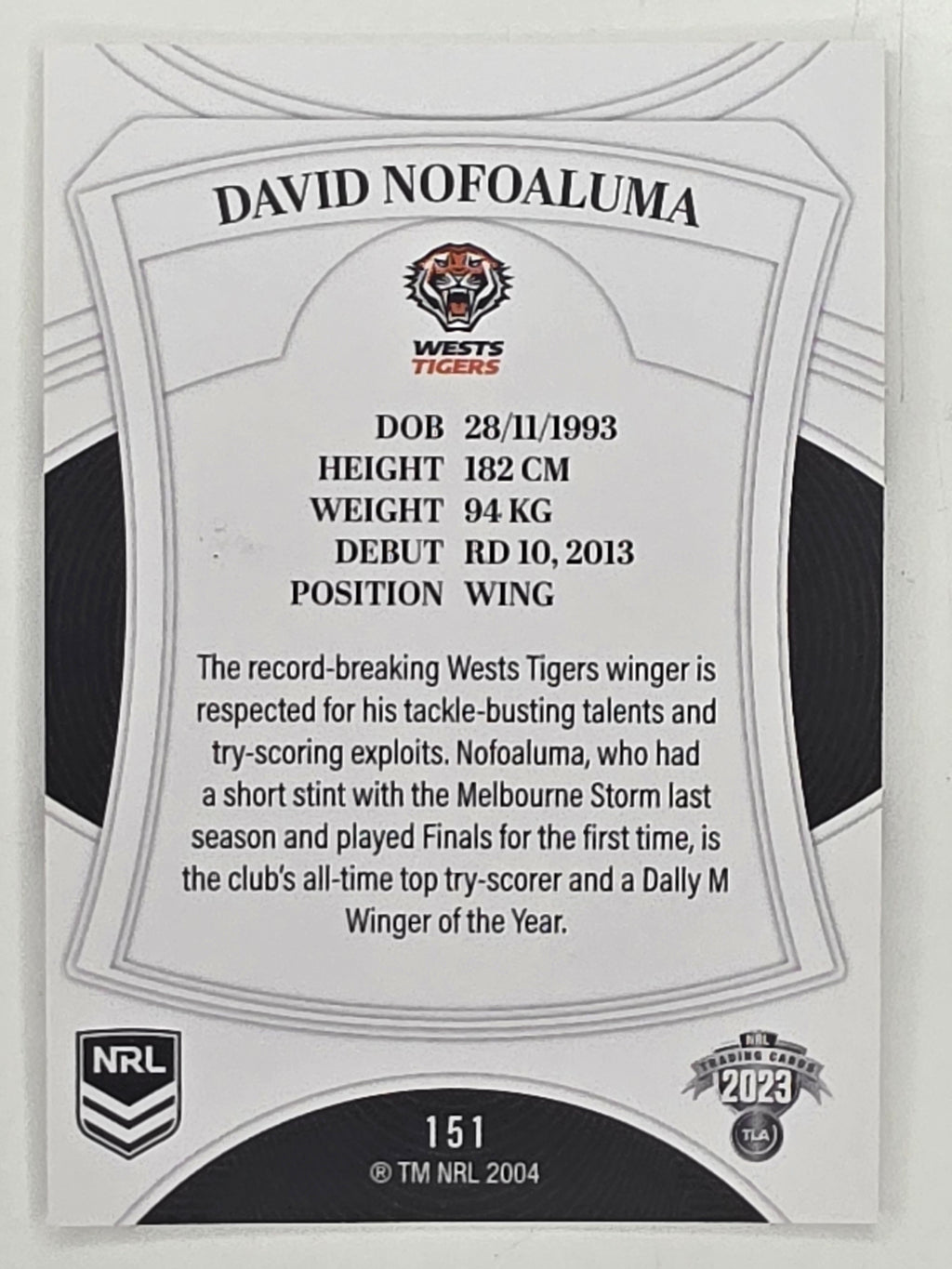 NRL 2023 Elite Base Card #151 David Nofoaluma Wests Tigers