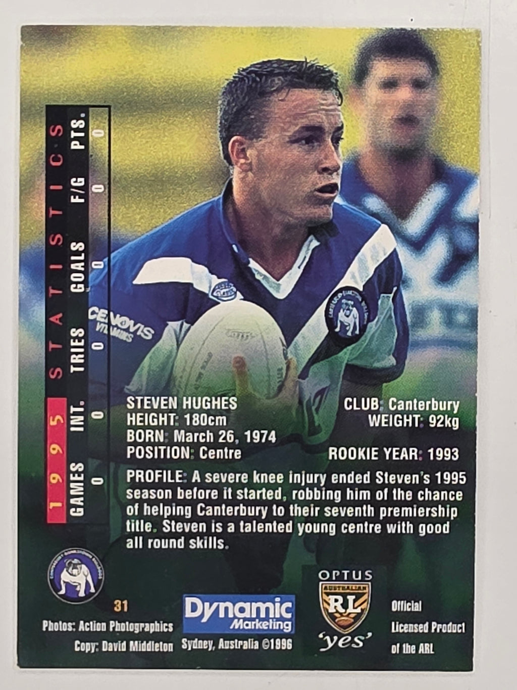 NRL 1996 Dynamic Series 2 Base Card #031 Steven Hughes Canterbury Bankstown Bulldogs