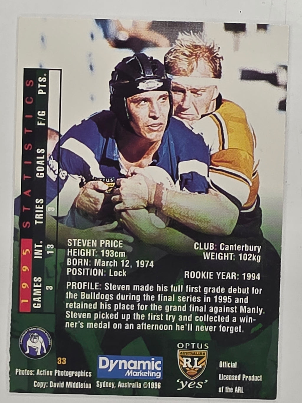 NRL 1996 Dynamic Series 2 Base Card #033 Steve Price Canterbury Bankstown Bulldogs
