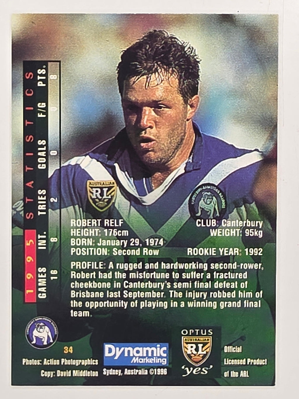 NRL 1996 Dynamic Series 2 Base Card #034 Robert Relf Canterbury Bankstown Bulldogs