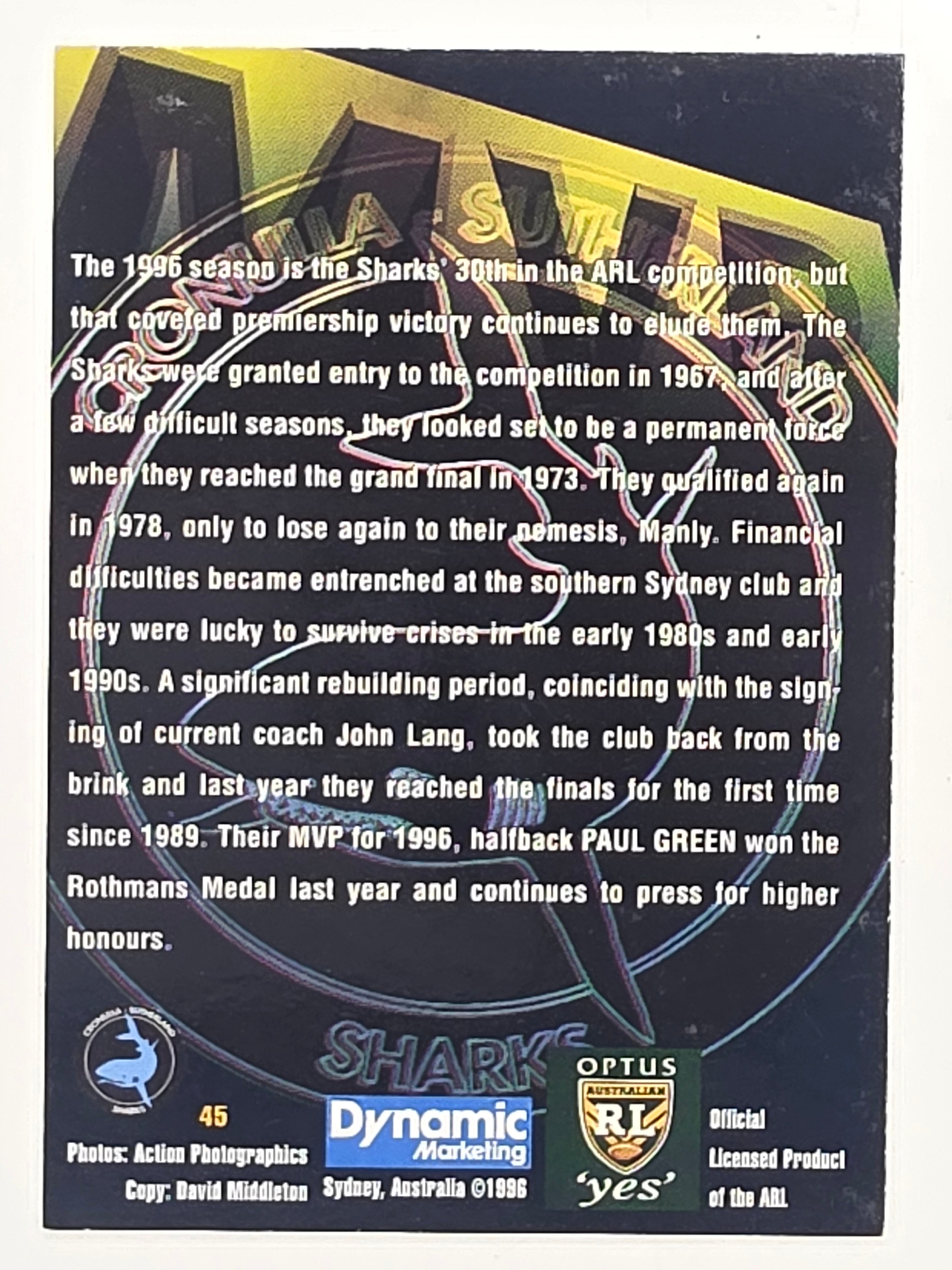 NRL 1996 Dynamic Series 2 Base Card #045 Paul Green Cronulla Sutherland Sharks