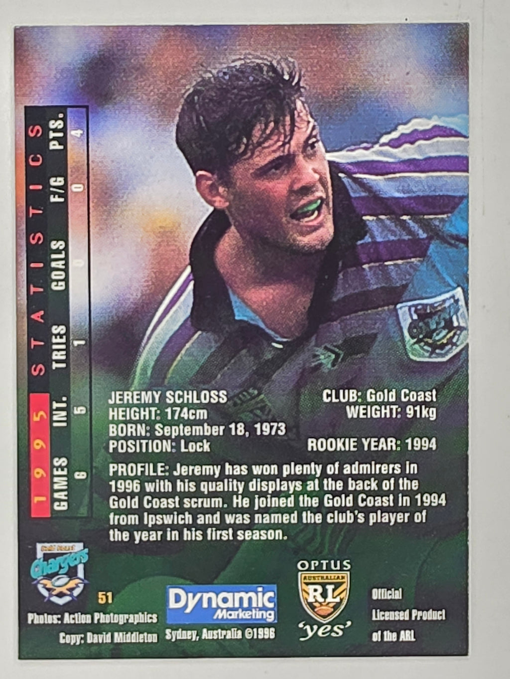 NRL 1996 Dynamic Series 2 Base Card #051 Jeremy Schloss Gold Coast Chargers