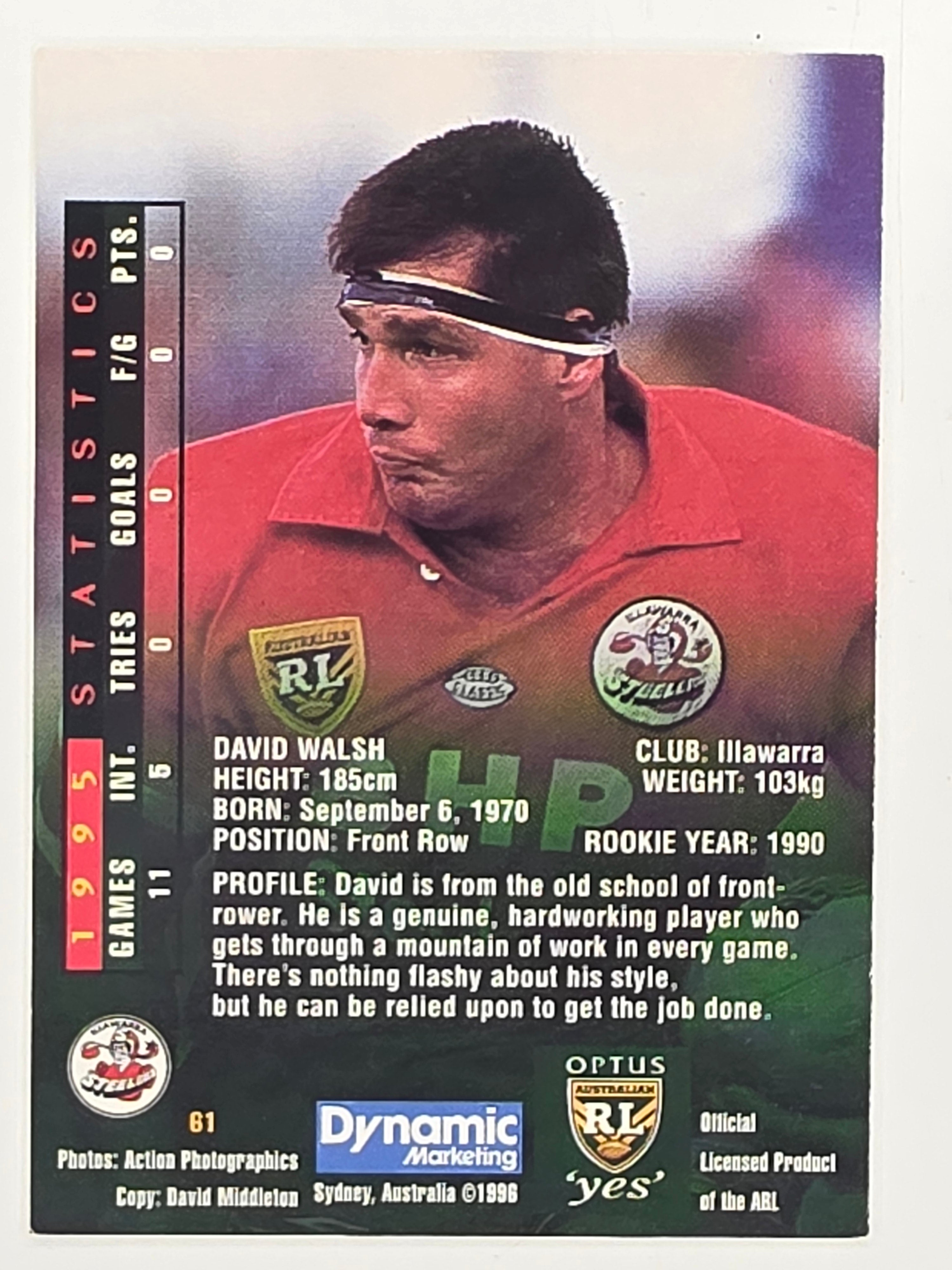 NRL 1996 Dynamic Series 2 Base Card #061 David Walsh Illawarra Steelers