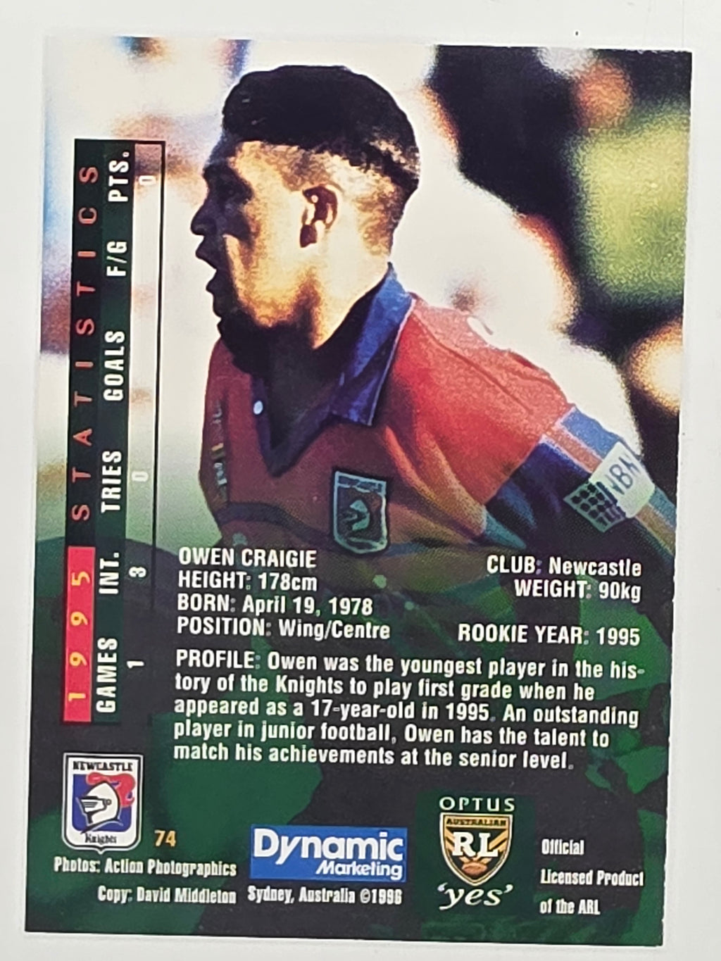 NRL 1996 Dynamic Series 2 Base Card #074 Owen Craigie Newcastle Knights