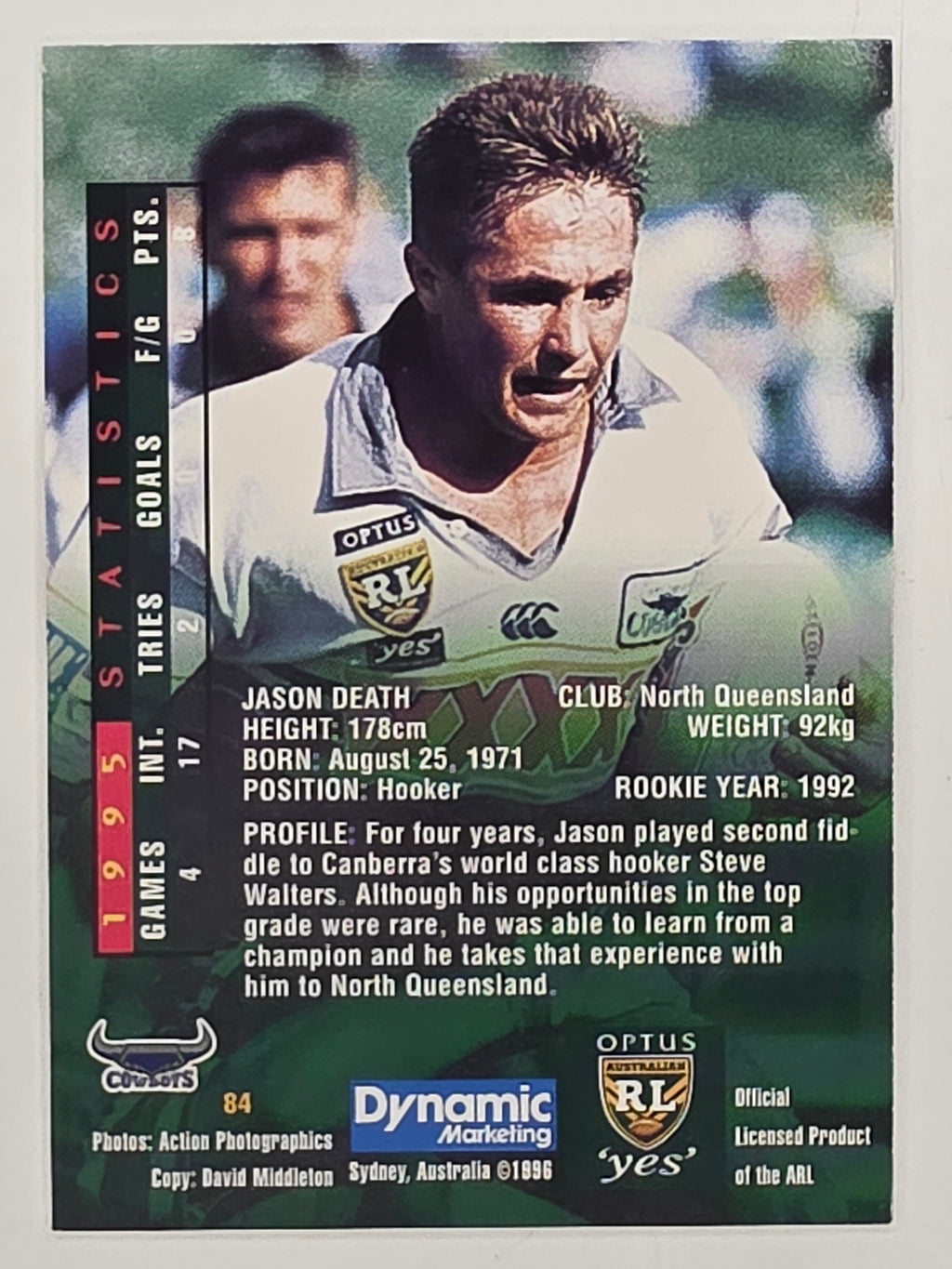 NRL 1996 Dynamic Series 2 Base Card #084 Jason Death North Queensland Cowboys