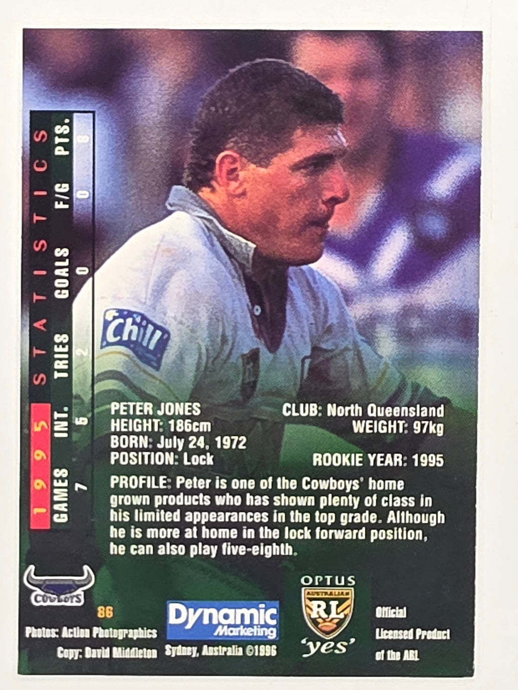 NRL 1996 Dynamic Series 2 Base Card #086 Peter Jones North Queensland Cowboys