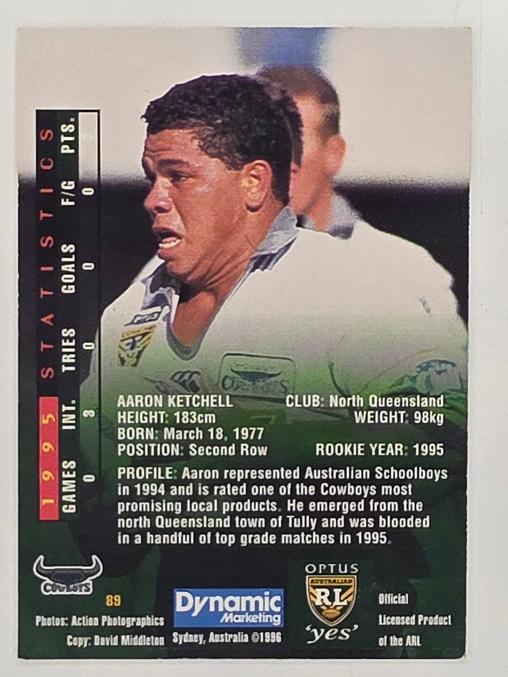 NRL 1996 Dynamic Series 2 Base Card #089 Aaron Ketchell North Queensland Cowboys