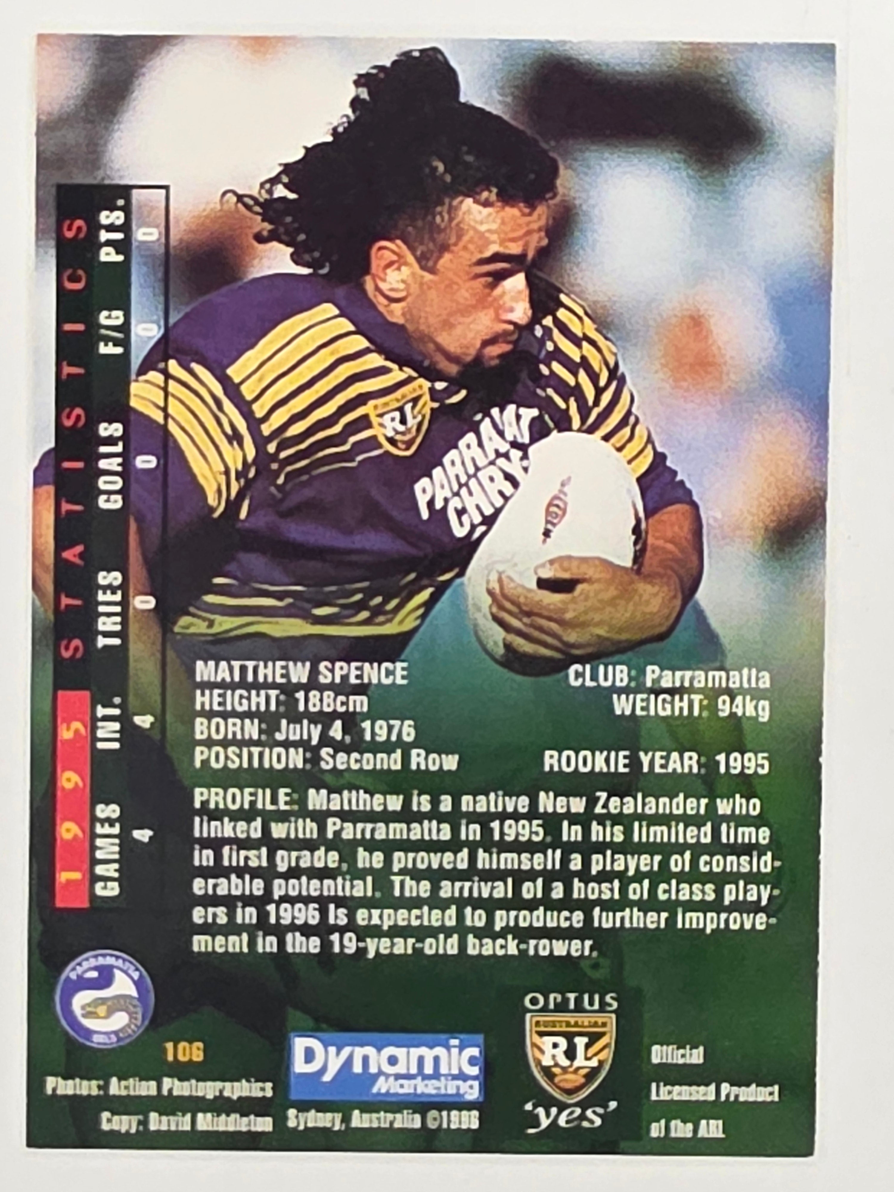 NRL 1996 Dynamic Series 2 Base Card #106 Matthew Spence Parramatta Eels