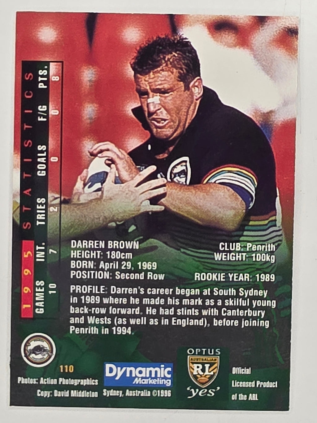 NRL 1996 Dynamic Series 2 Base Card #110 Darren Brown Penrith Panthers