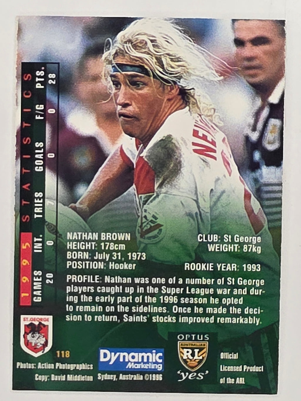 NRL 1996 Dynamic Series 2 Base Card #118 Nathan Brown St George Dragons