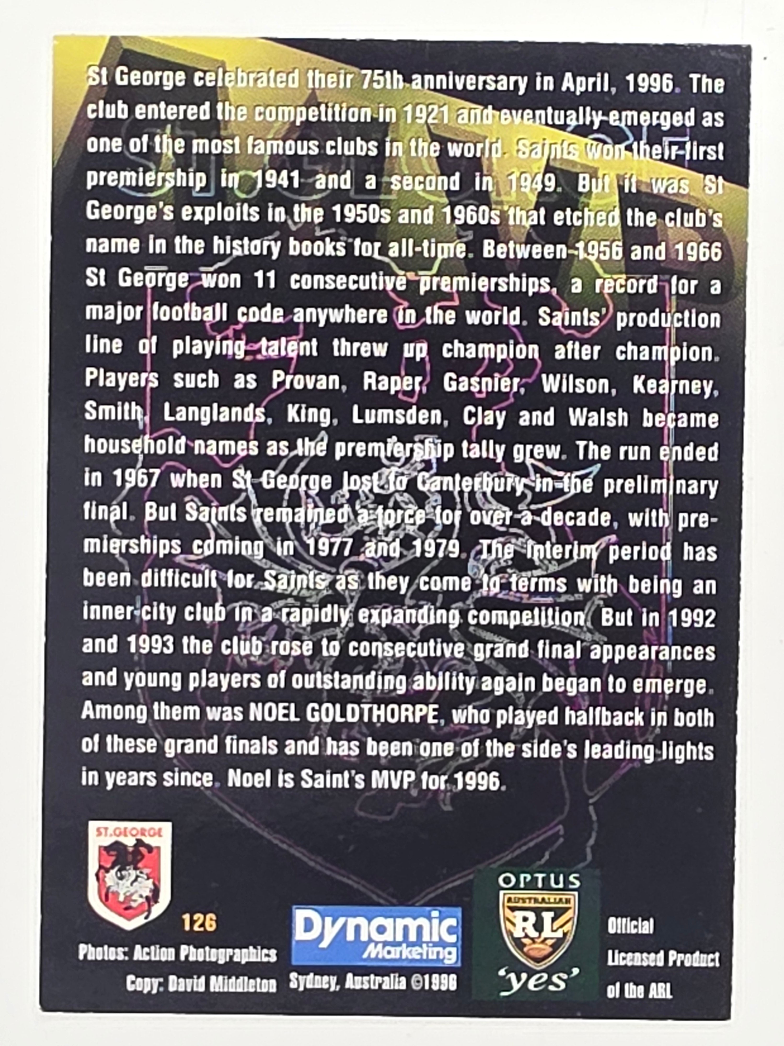 NRL 1996 Dynamic Series 2 Base Card #126 Noel Goldthorpe St George Dragons