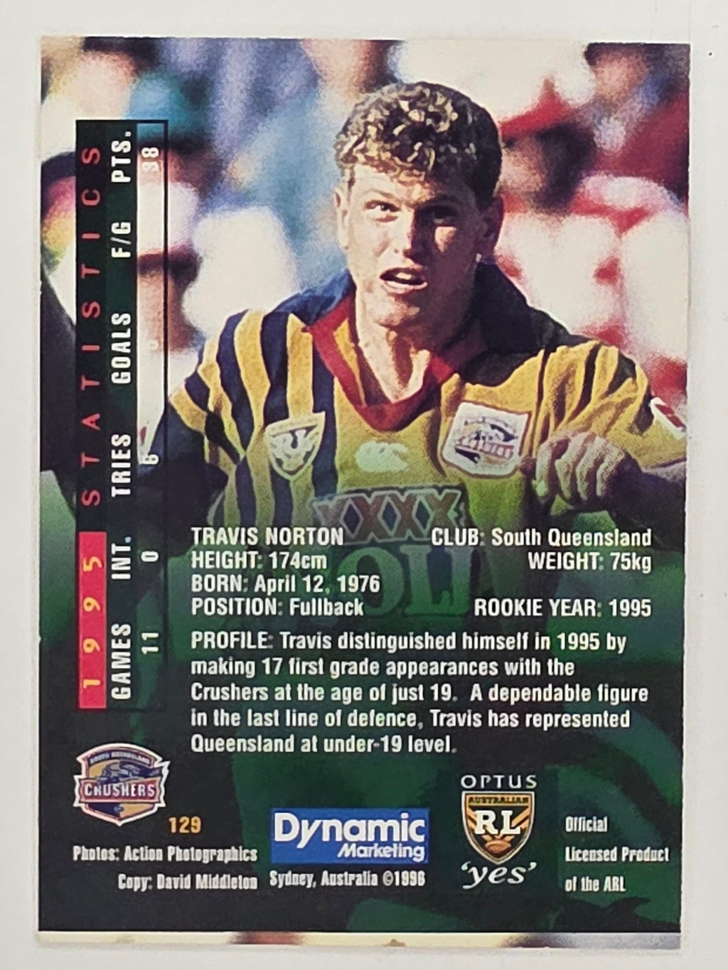 NRL 1996 Dynamic Series 2 Base Card #129 Travis Norton South Queensland Crushers
