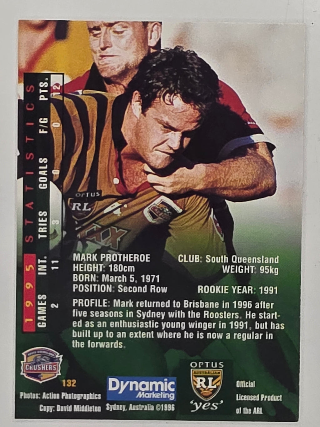 NRL 1996 Dynamic Series 2 Base Card #132 Mark Protheroe South Queensland Crushers