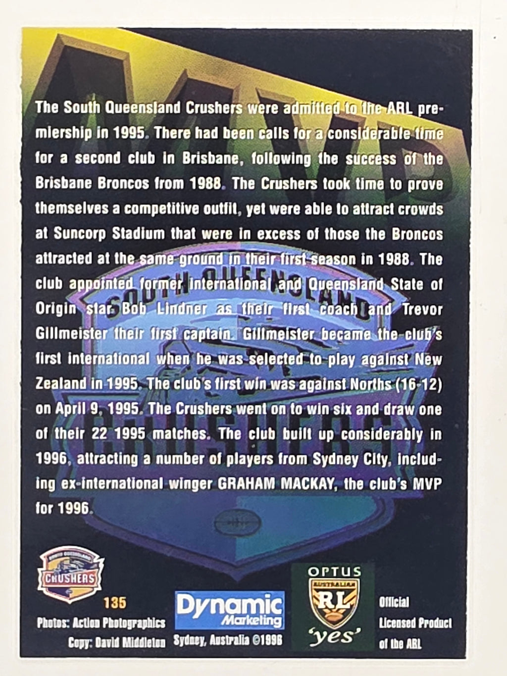 NRL 1996 Dynamic Series 2 Base Card #135 Graham Mackay South Queensland Crushers