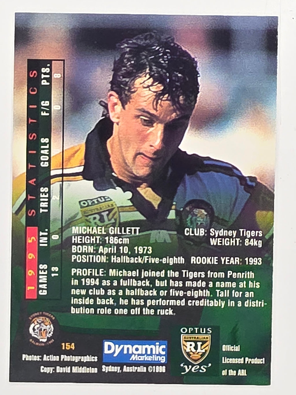 NRL 1996 Dynamic Series 2 Base Card #154 Michael Gillett Sydney Tigers