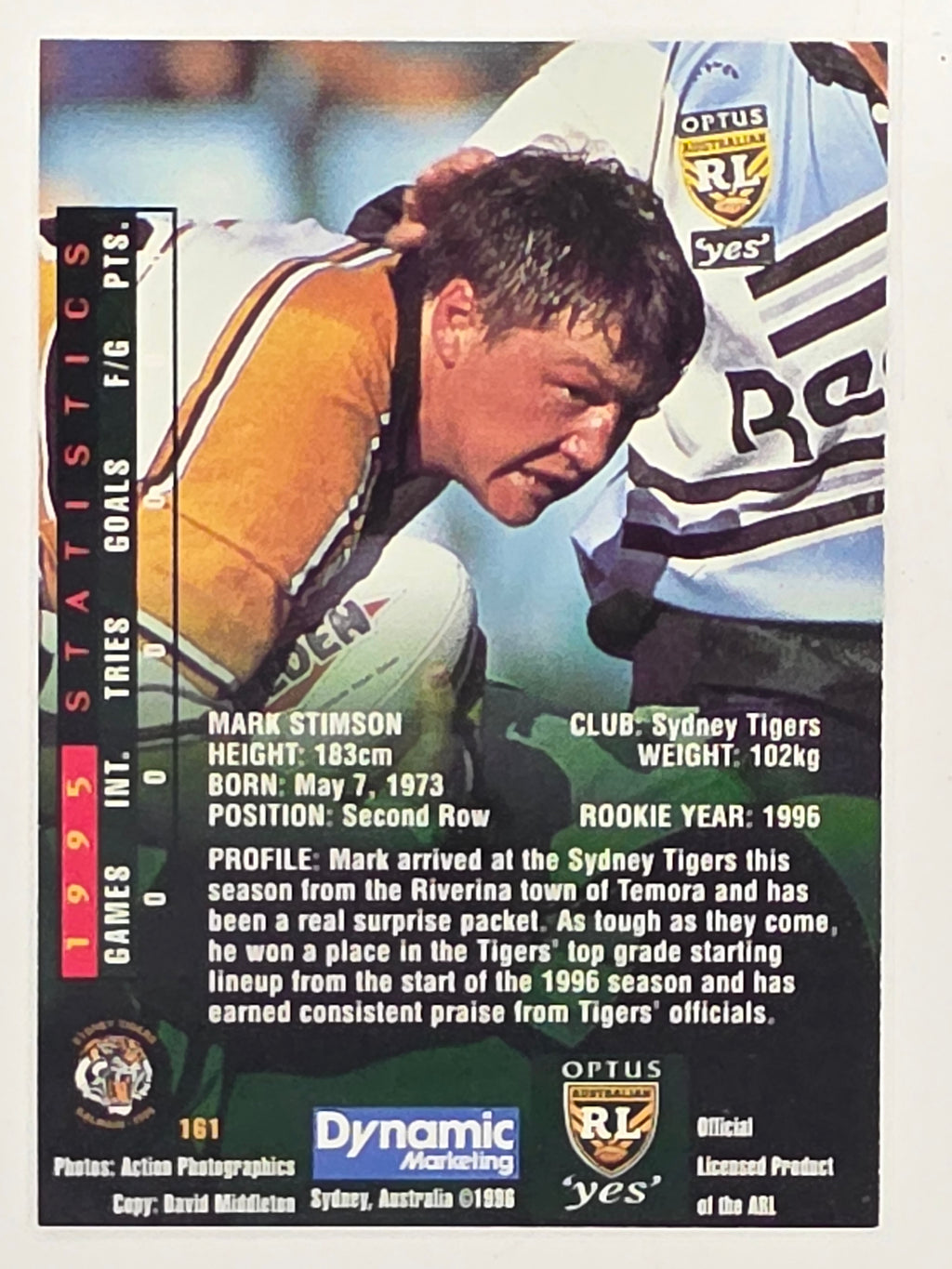 NRL 1996 Dynamic Series 2 Base Card #161 Mark Stimson Sydney Tigers