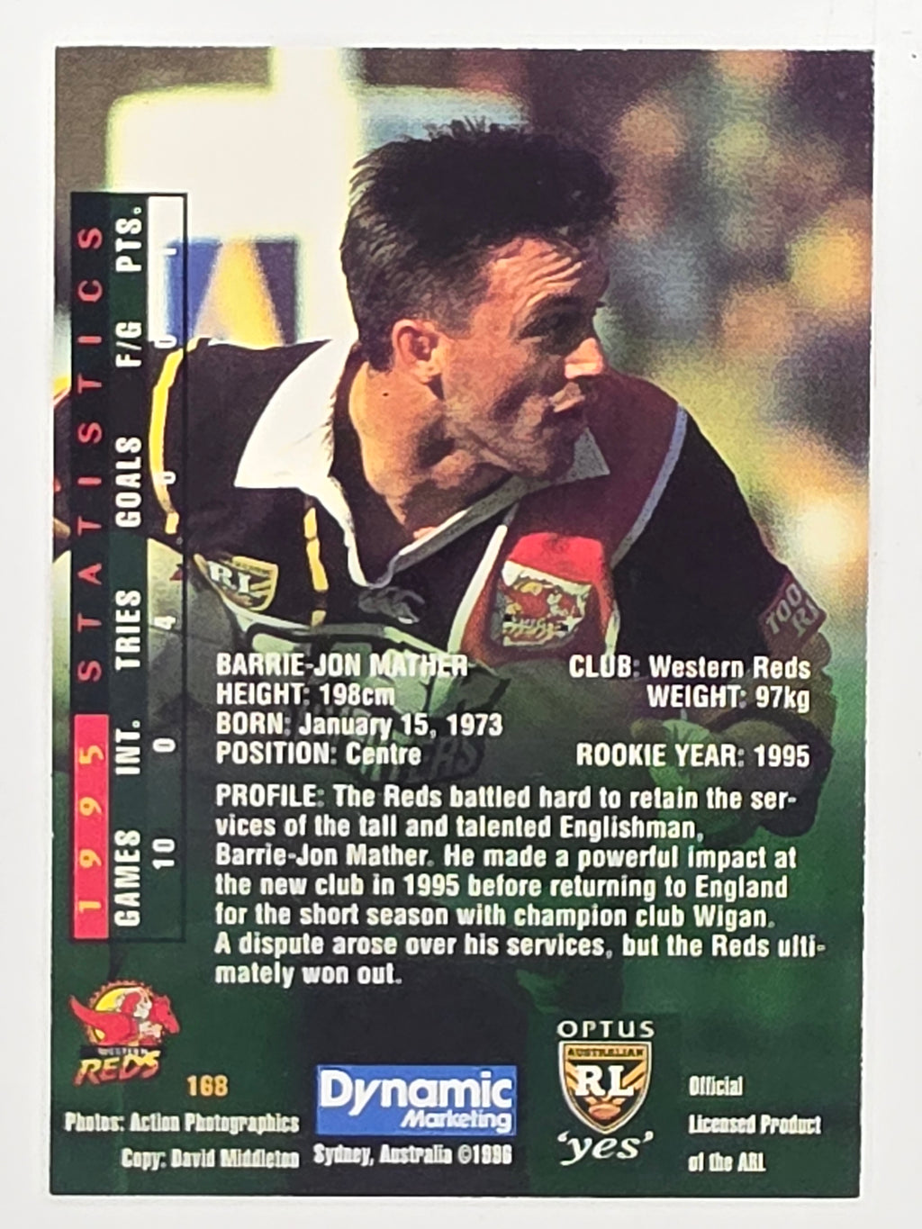 NRL 1996 Dynamic Series 2 Base Card #168 Barrie-Jon Mather Western Reds