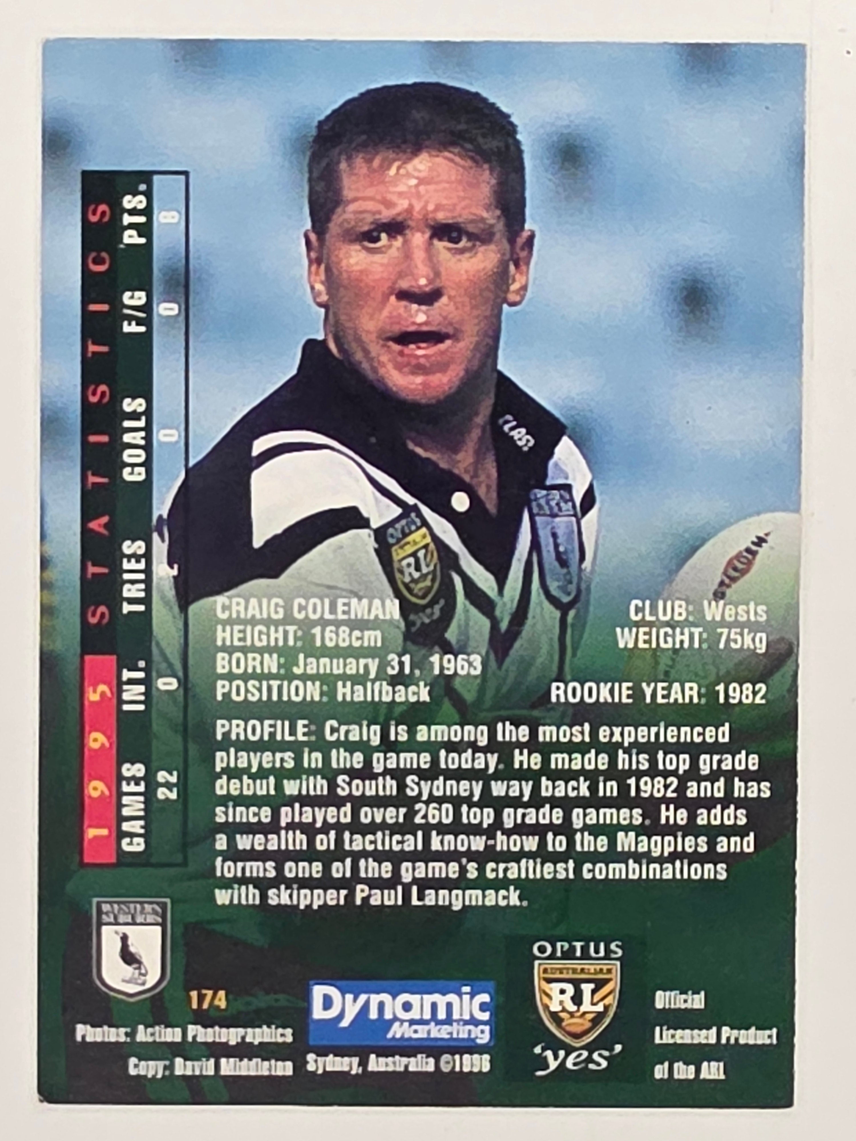 NRL 1996 Dynamic Series 2 Base Card #174 Craig Coleman Western Suburbs Magpies