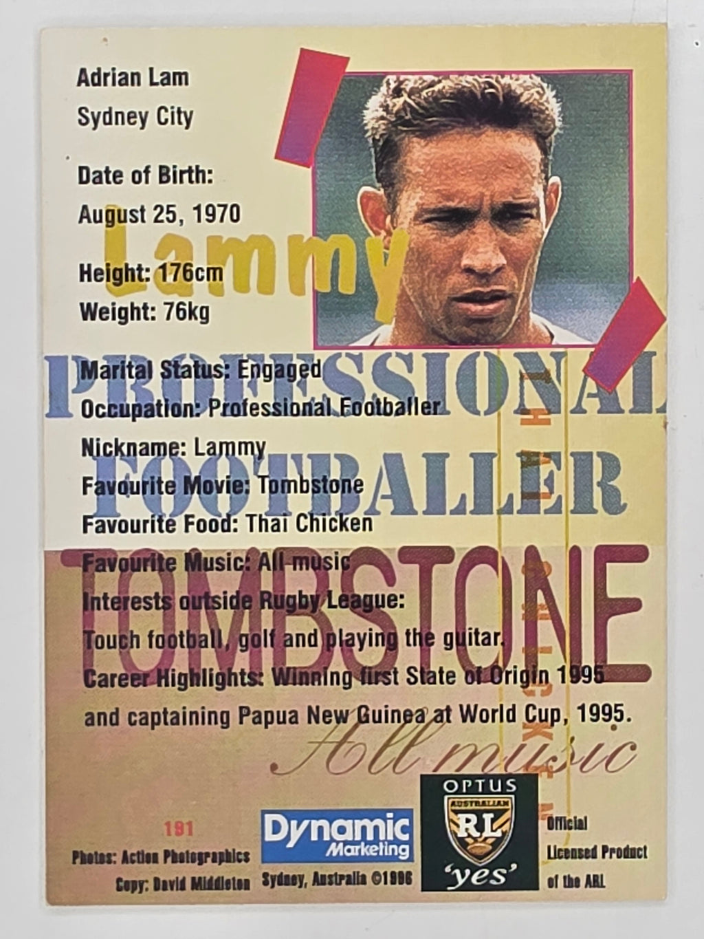 NRL 1996 Dynamic Series 2 Base Card #191 Adrian Lam Sydney City Roosters