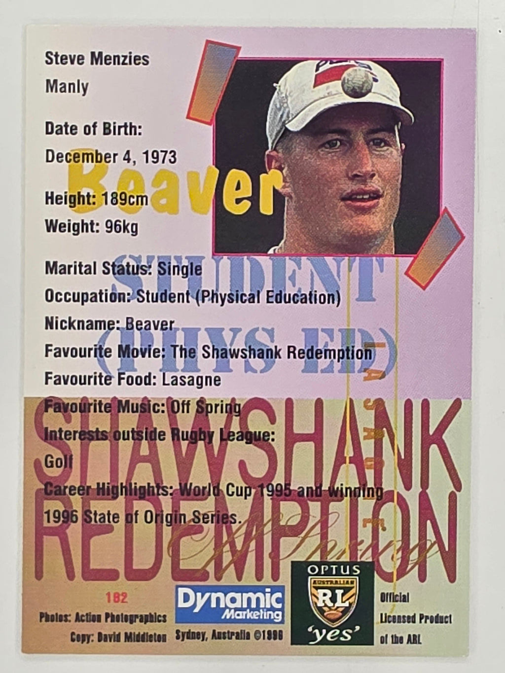 NRL 1996 Dynamic Series 2 Base Card #192 Steve Menzies Manly Warringah Sea Eagles