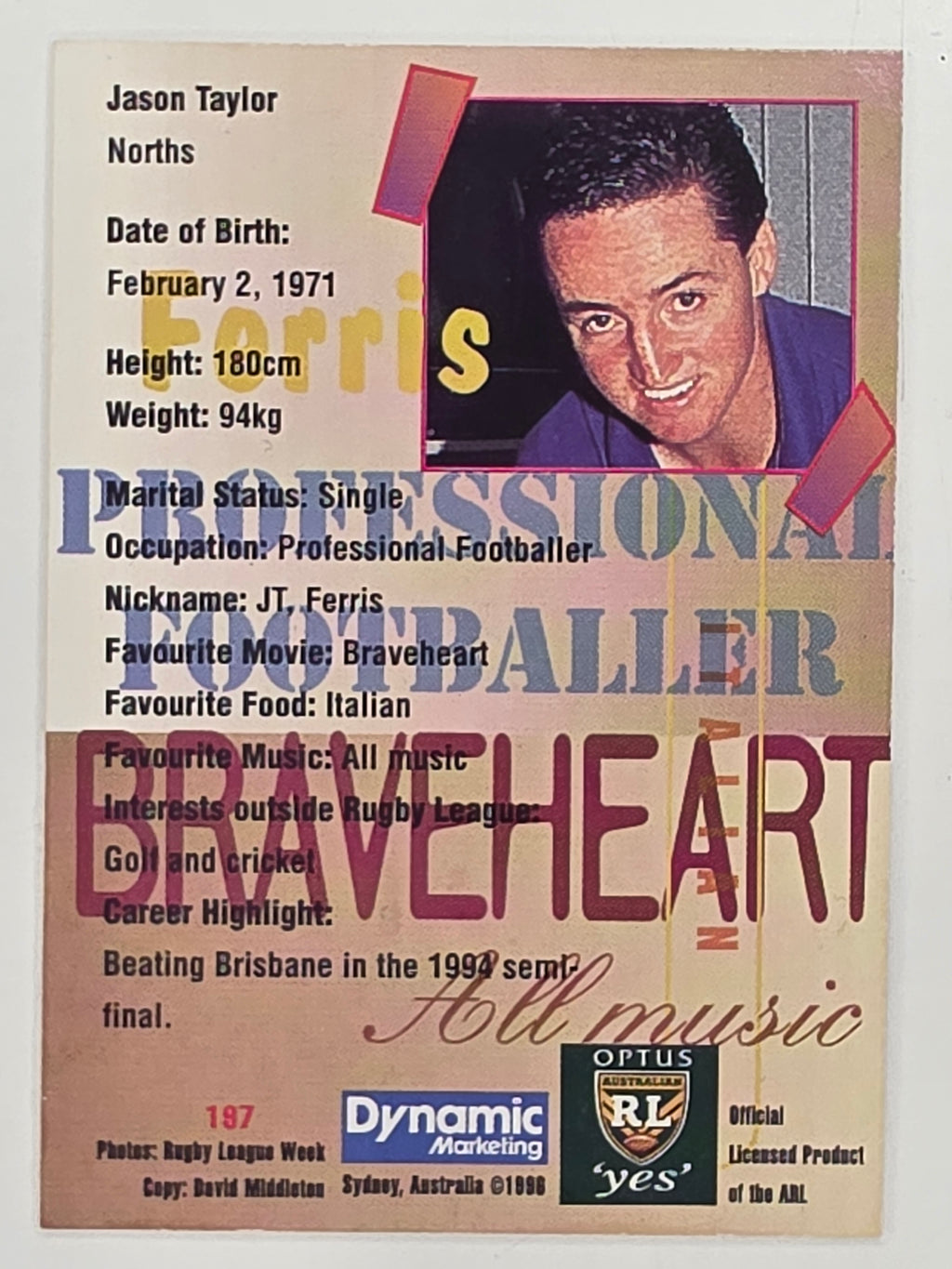 NRL 1996 Dynamic Series 2 Base Card #197 Jason Taylor North Sydney Bears