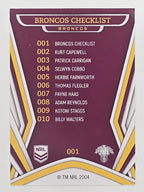 NRL 2023 Traders Titanium Base Card #001 Broncos Checklist Brisbane Broncos