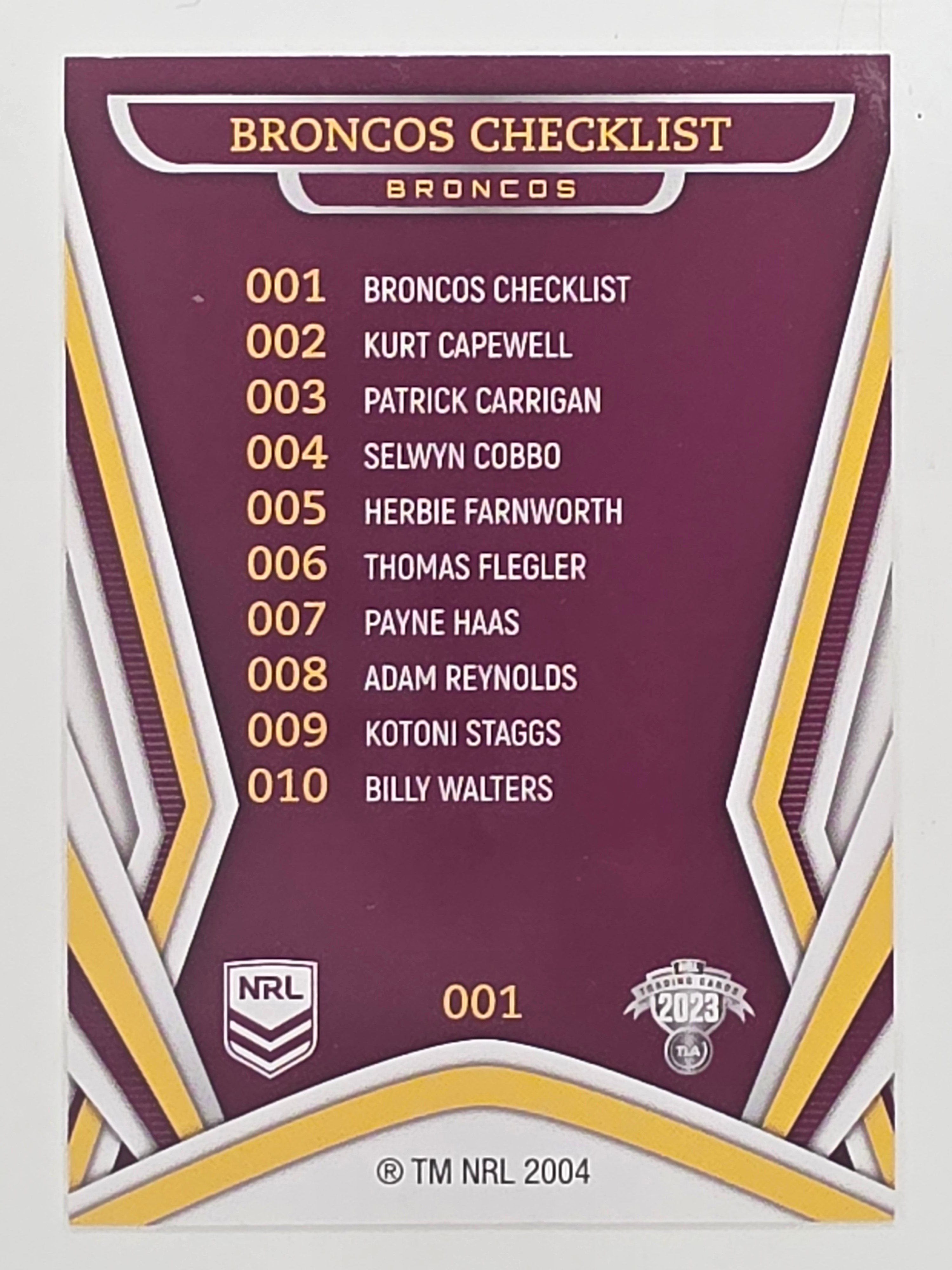 NRL 2023 Traders Titanium Base Card #001 Broncos Checklist Brisbane Broncos