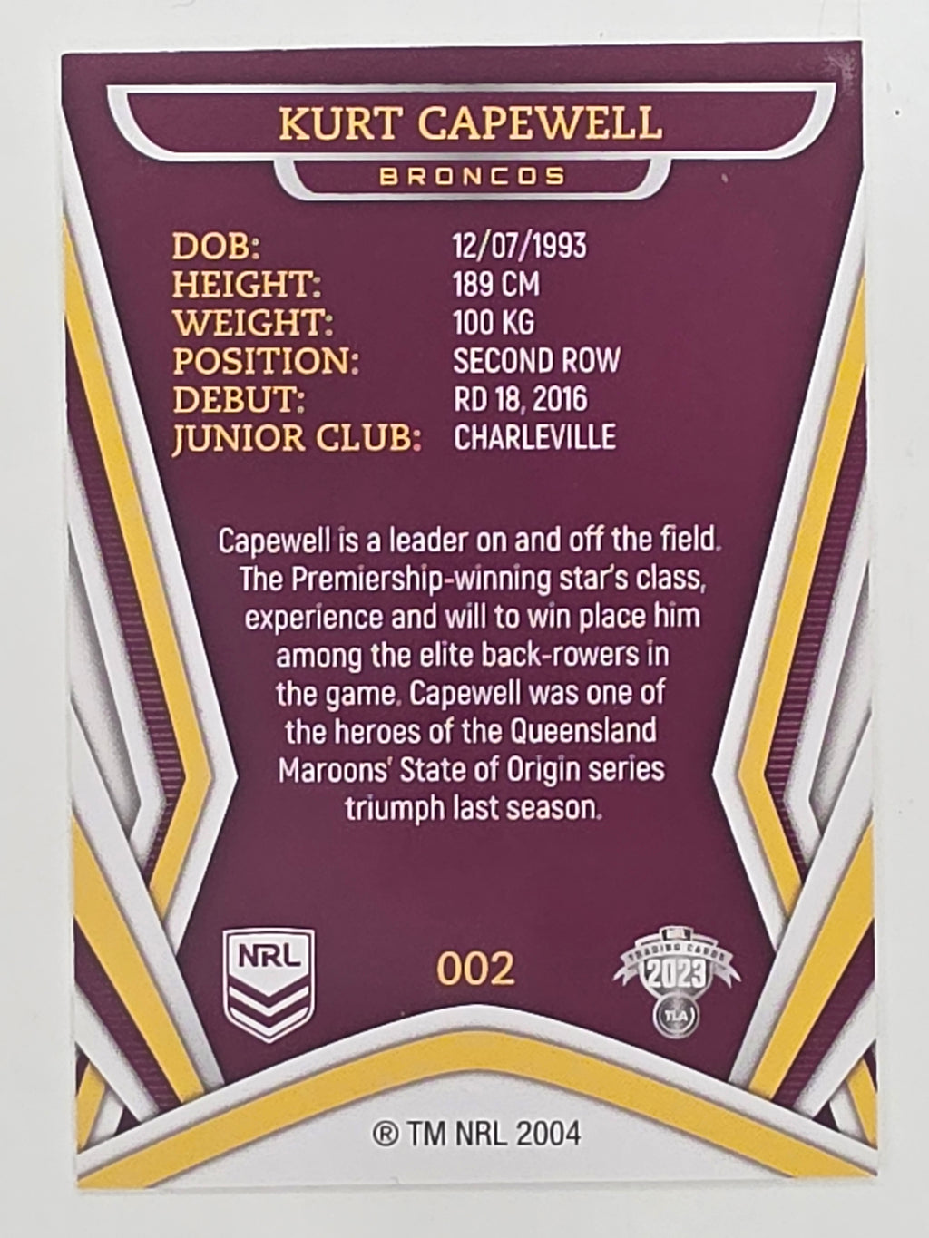 NRL 2023 Traders Titanium Base Card #002 Kurt Capewell Brisbane Broncos