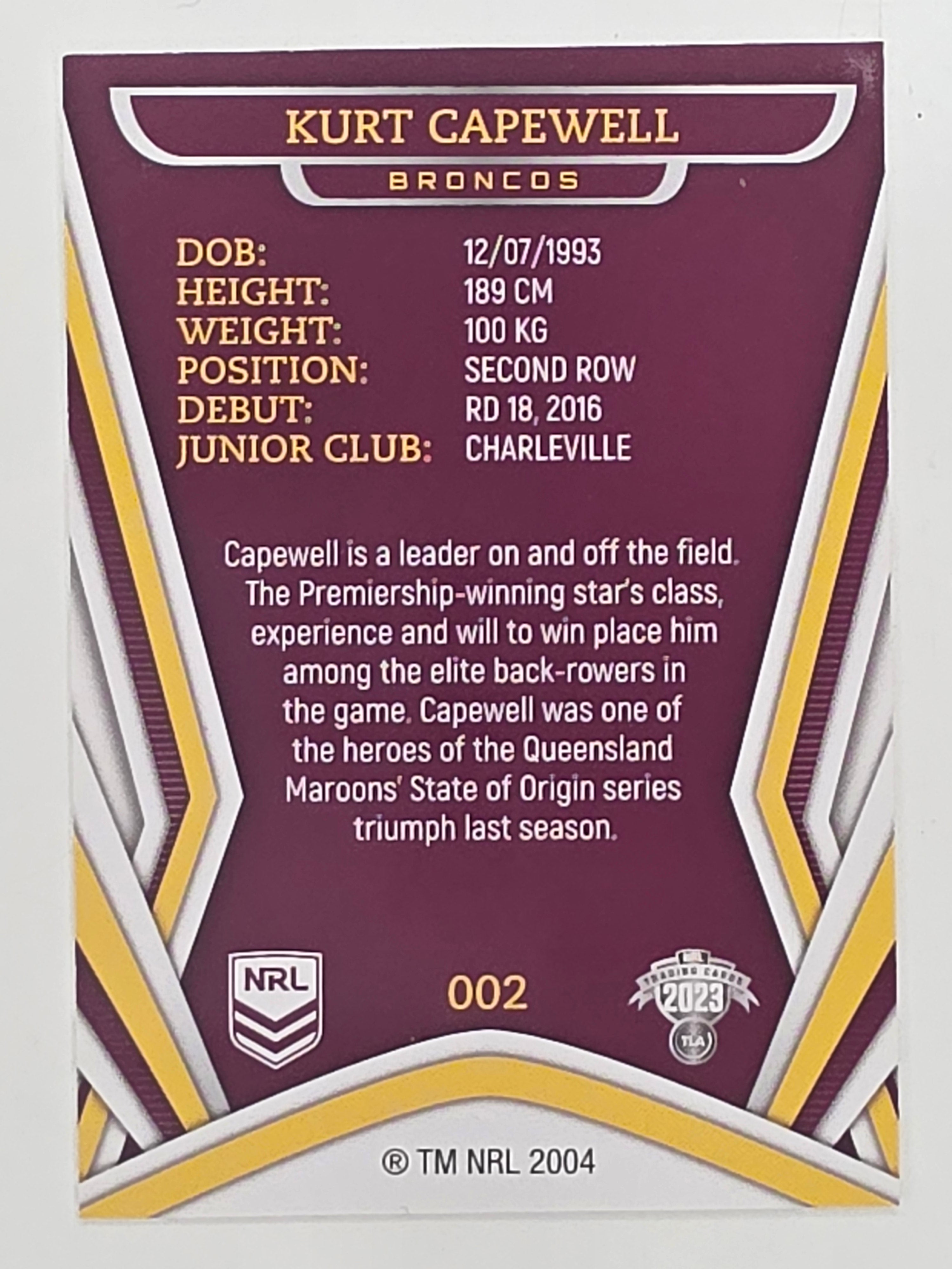 NRL 2023 Traders Titanium Base Card #002 Kurt Capewell Brisbane Broncos