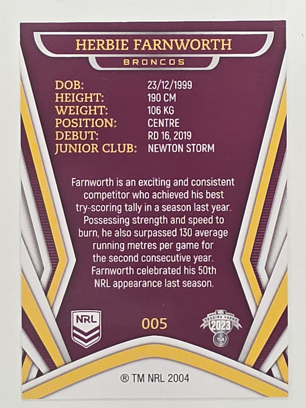 NRL 2023 Traders Titanium Base Card #005 Herbie Farnworth Brisbane Broncos