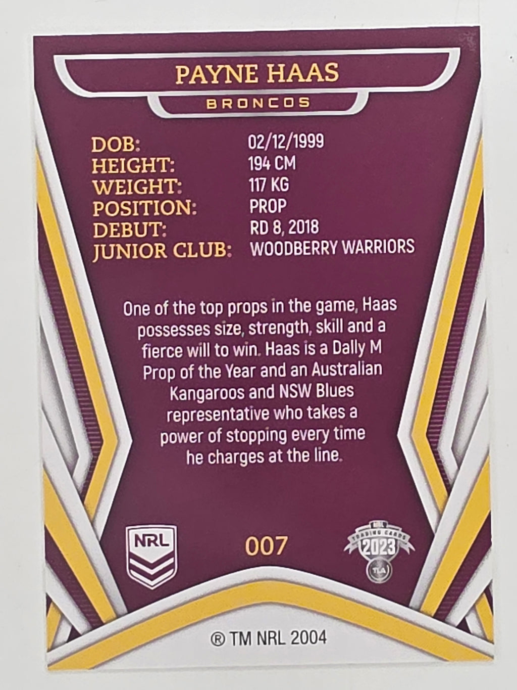NRL 2023 Traders Titanium Base Card #007 Payne Haas Brisbane Broncos