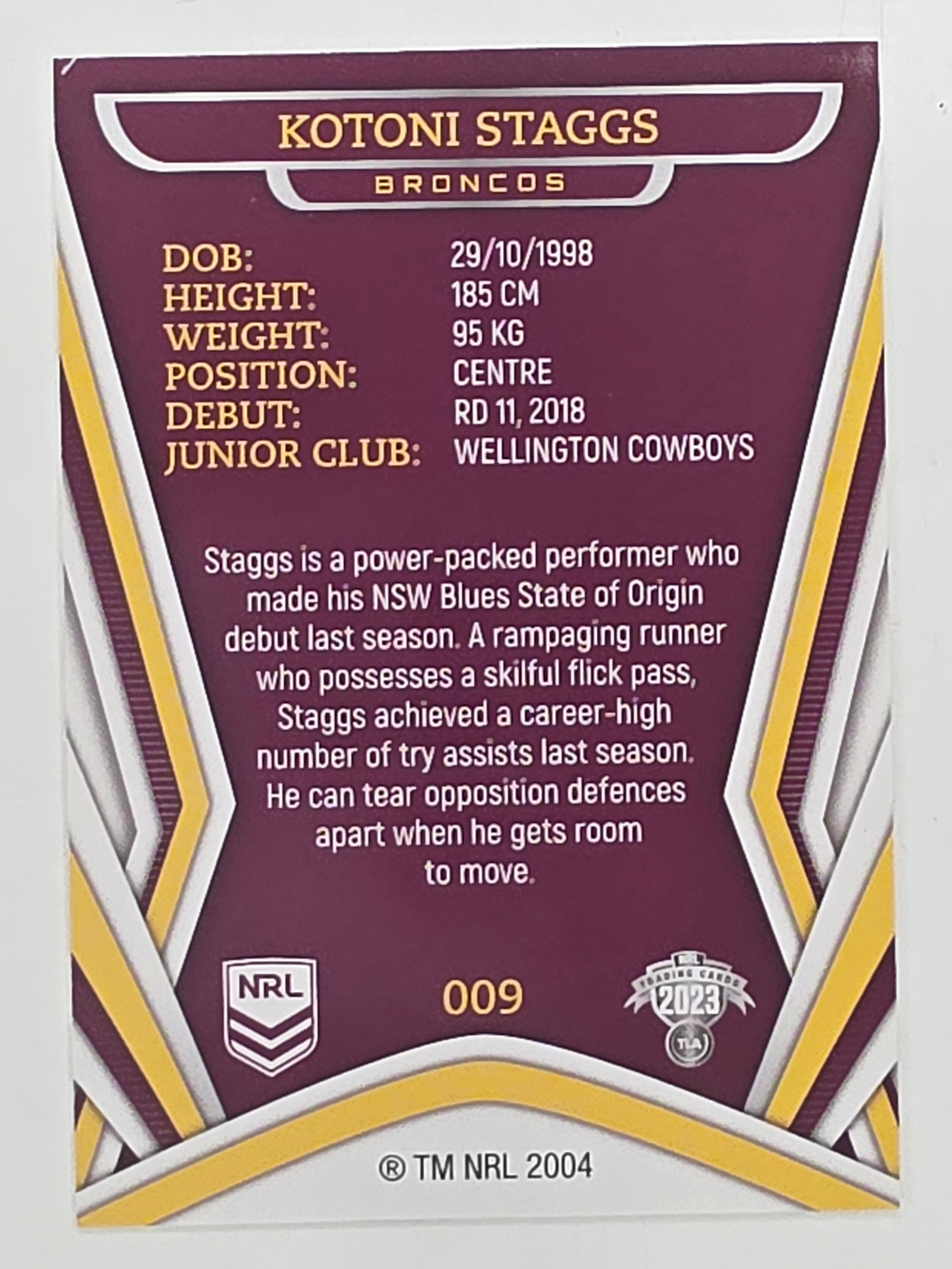 NRL 2023 Traders Titanium Base Card #009 Kotoni Staggs Brisbane Broncos