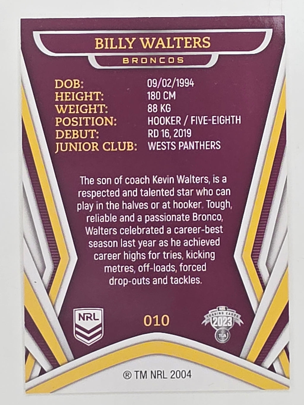 NRL 2023 Traders Titanium Base Card #010 Billy Walters Brisbane Broncos