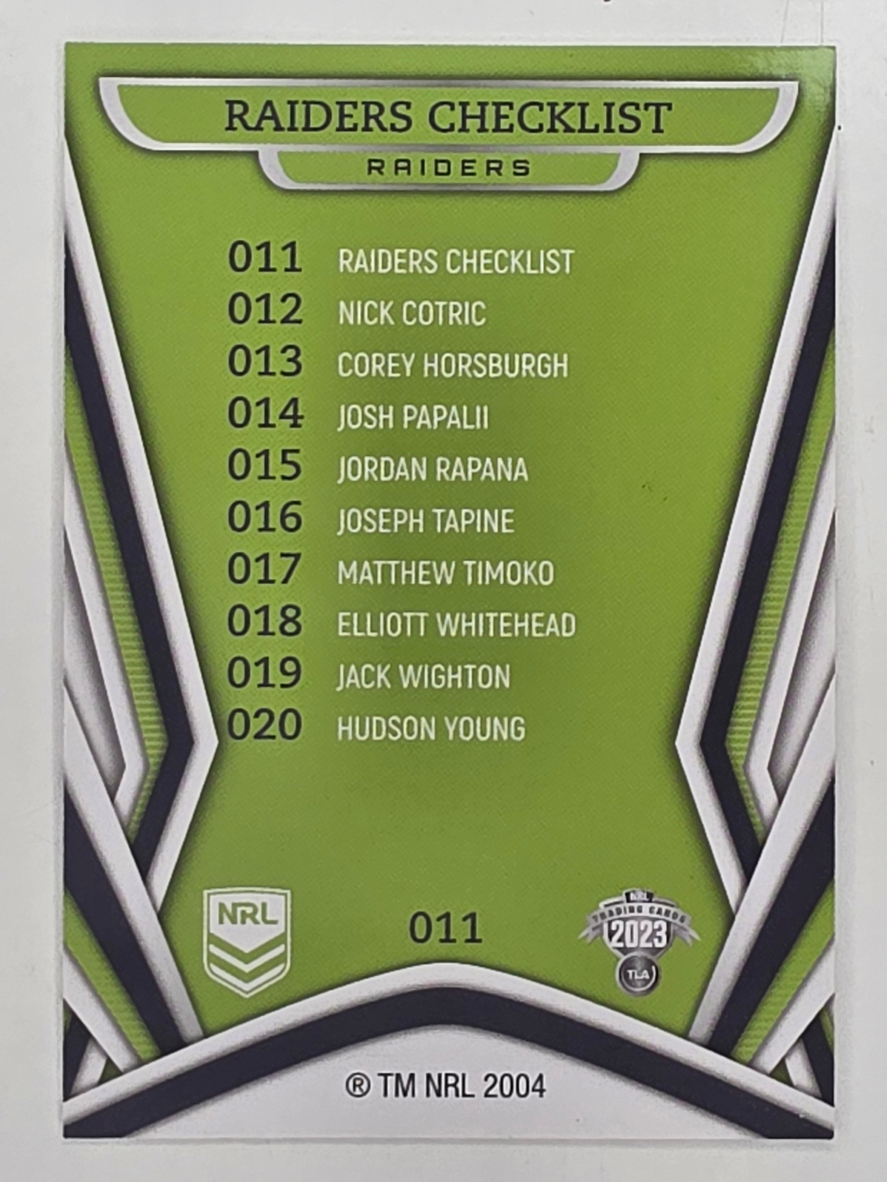 NRL 2023 Traders Titanium Base Card #011 Raiders Checklist Canberra Raiders