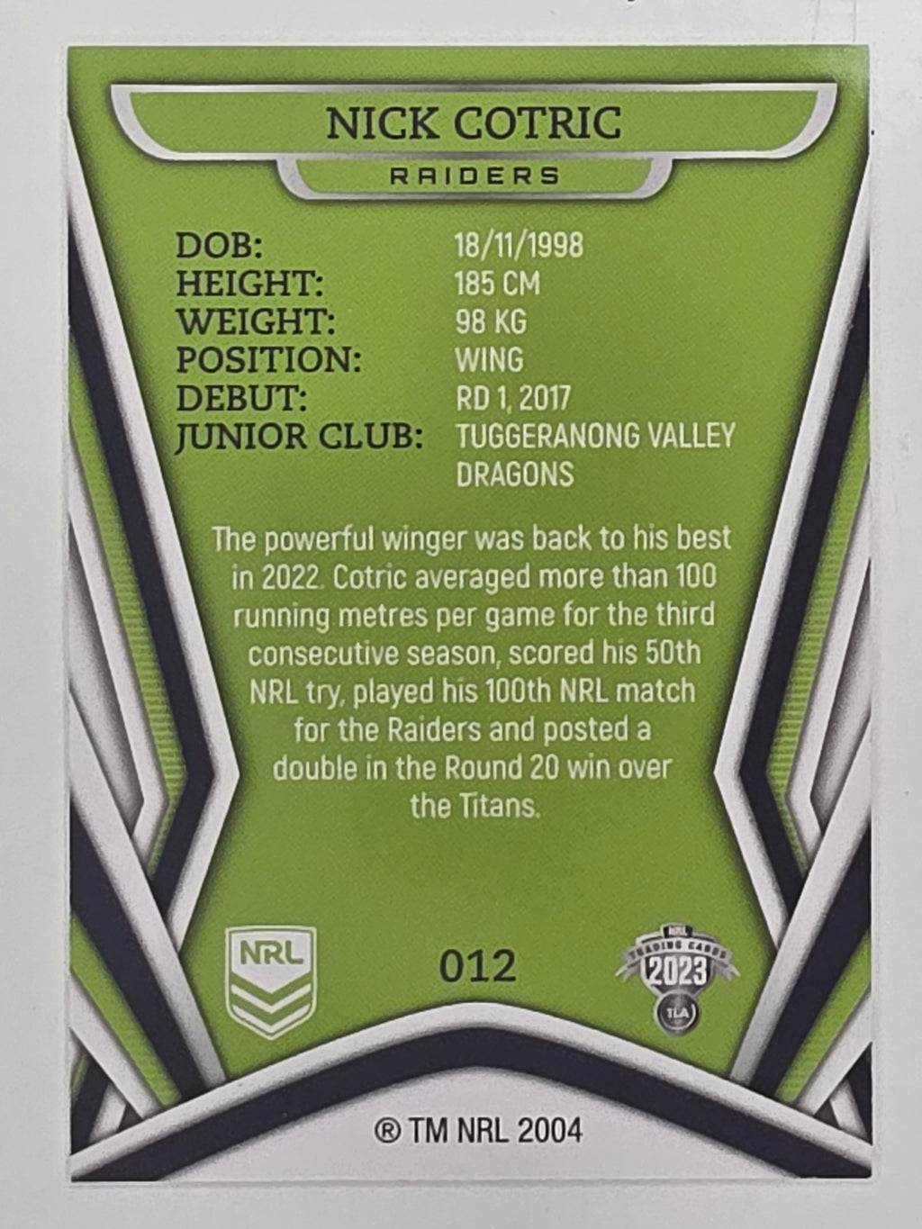 NRL 2023 Traders Titanium Base Card #012 Nick Cotric Canberra Raiders