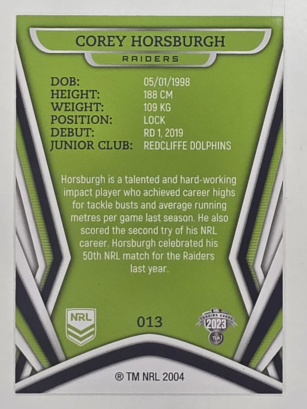 NRL 2023 Traders Titanium Base Card #013 Corey Horsburgh Canberra Raiders