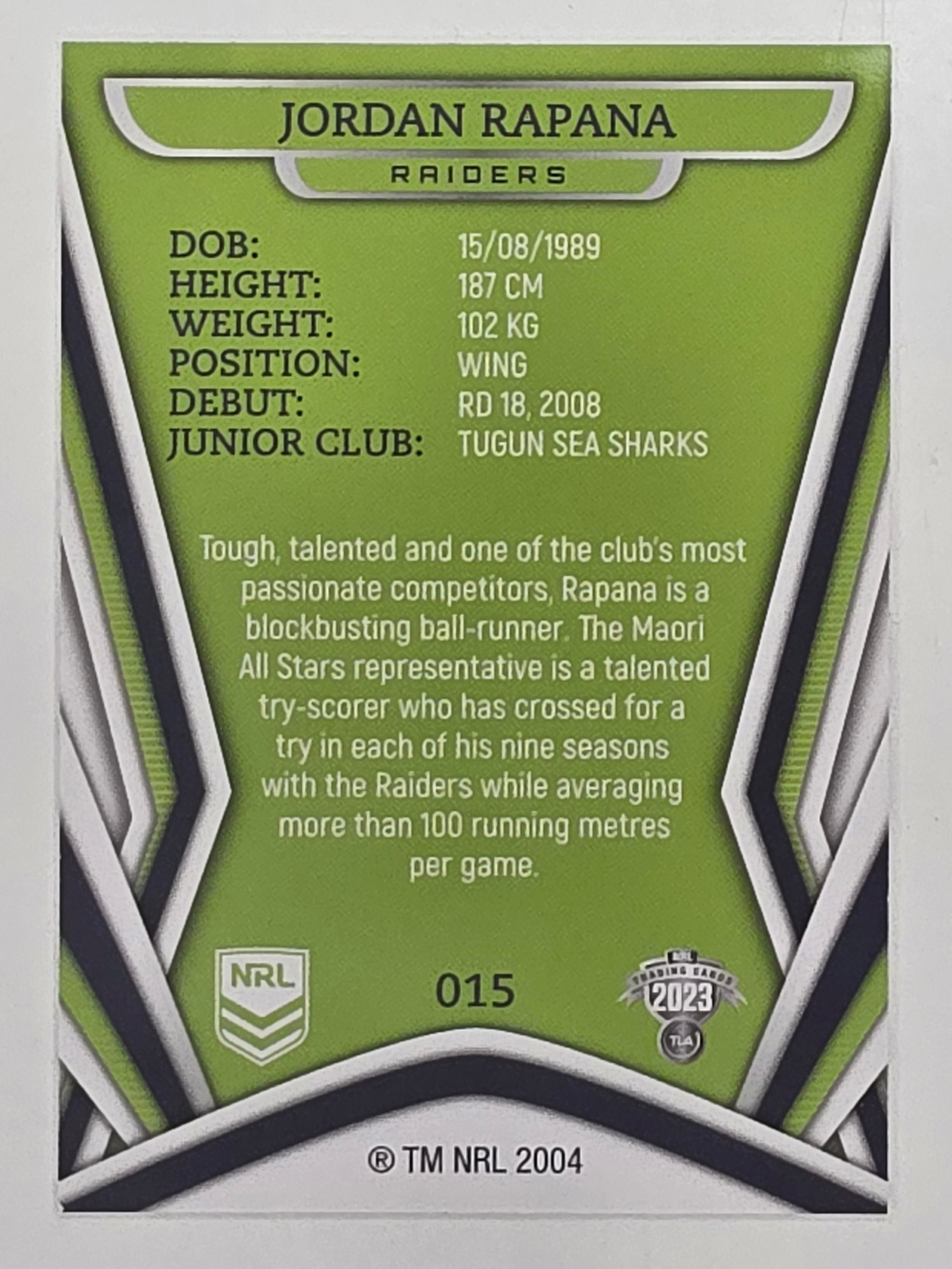 NRL 2023 Traders Titanium Base Card #015 Jordan Rapana Canberra Raiders