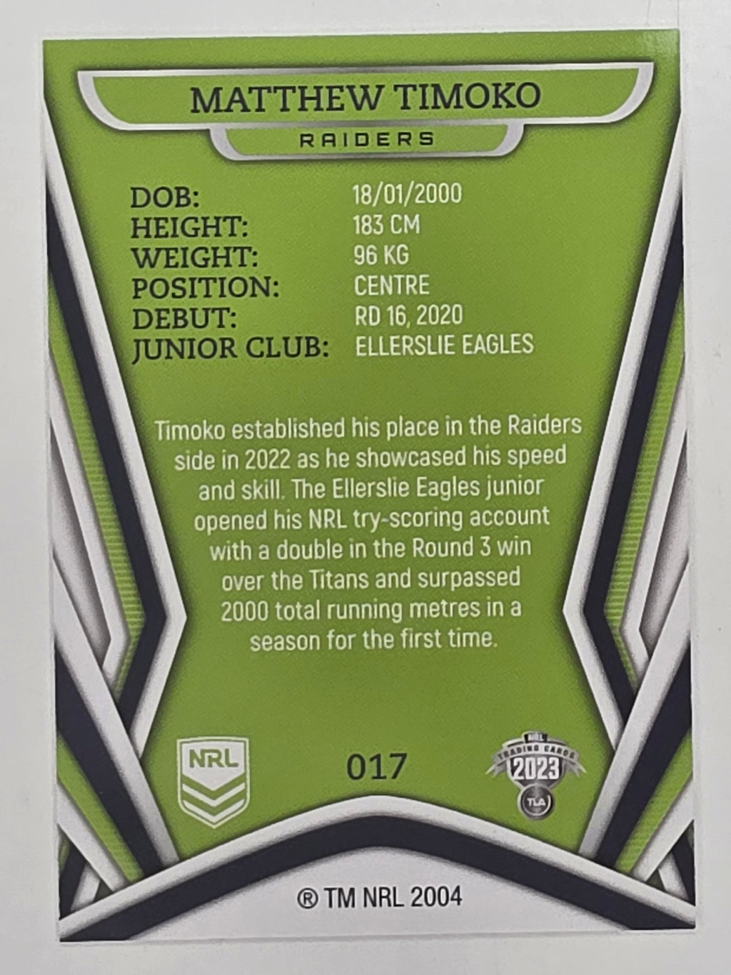 NRL 2023 Traders Titanium Base Card #017 Matthew Timoko Canberra Raiders