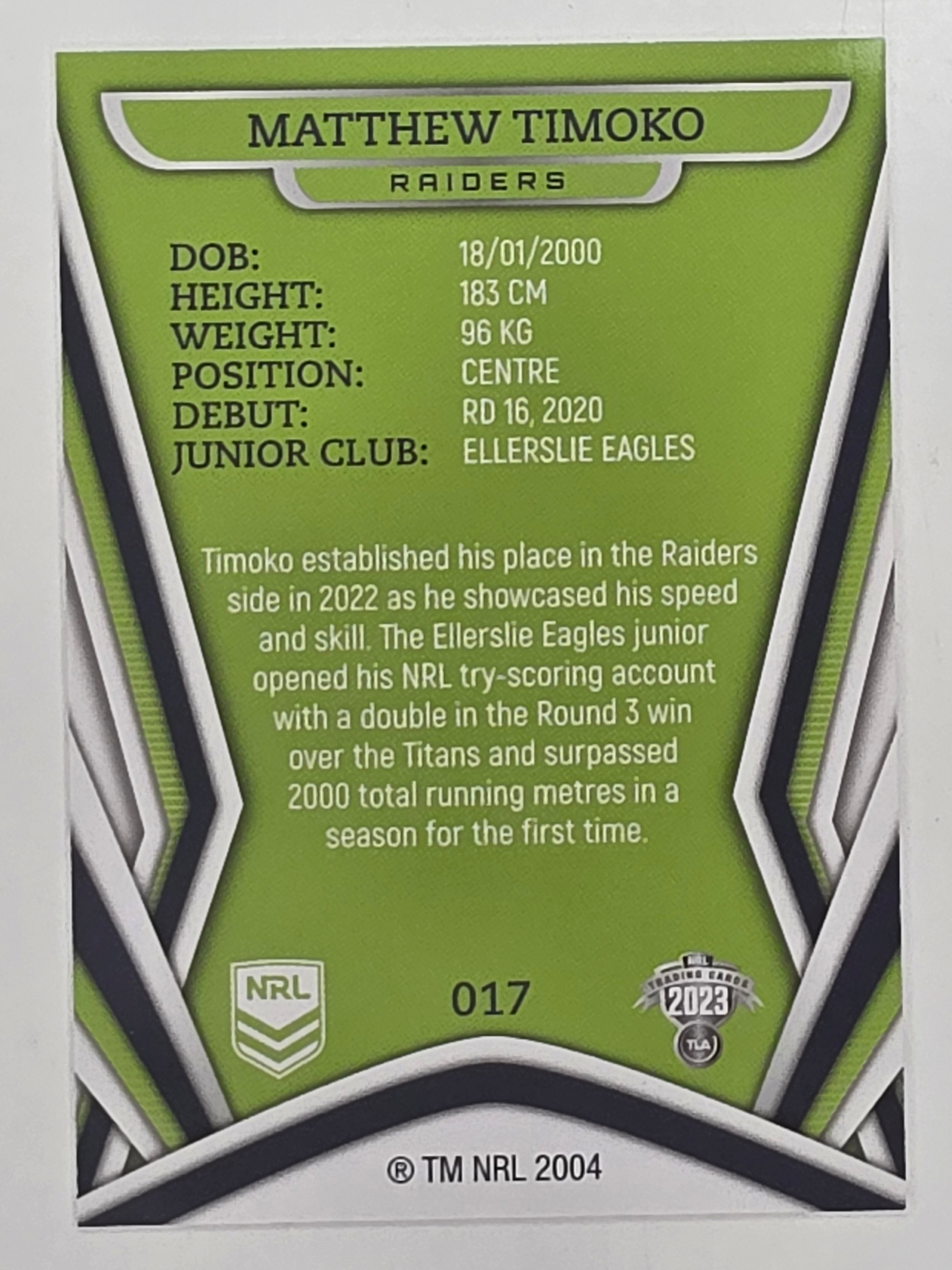 NRL 2023 Traders Titanium Base Card #017 Matthew Timoko Canberra Raiders