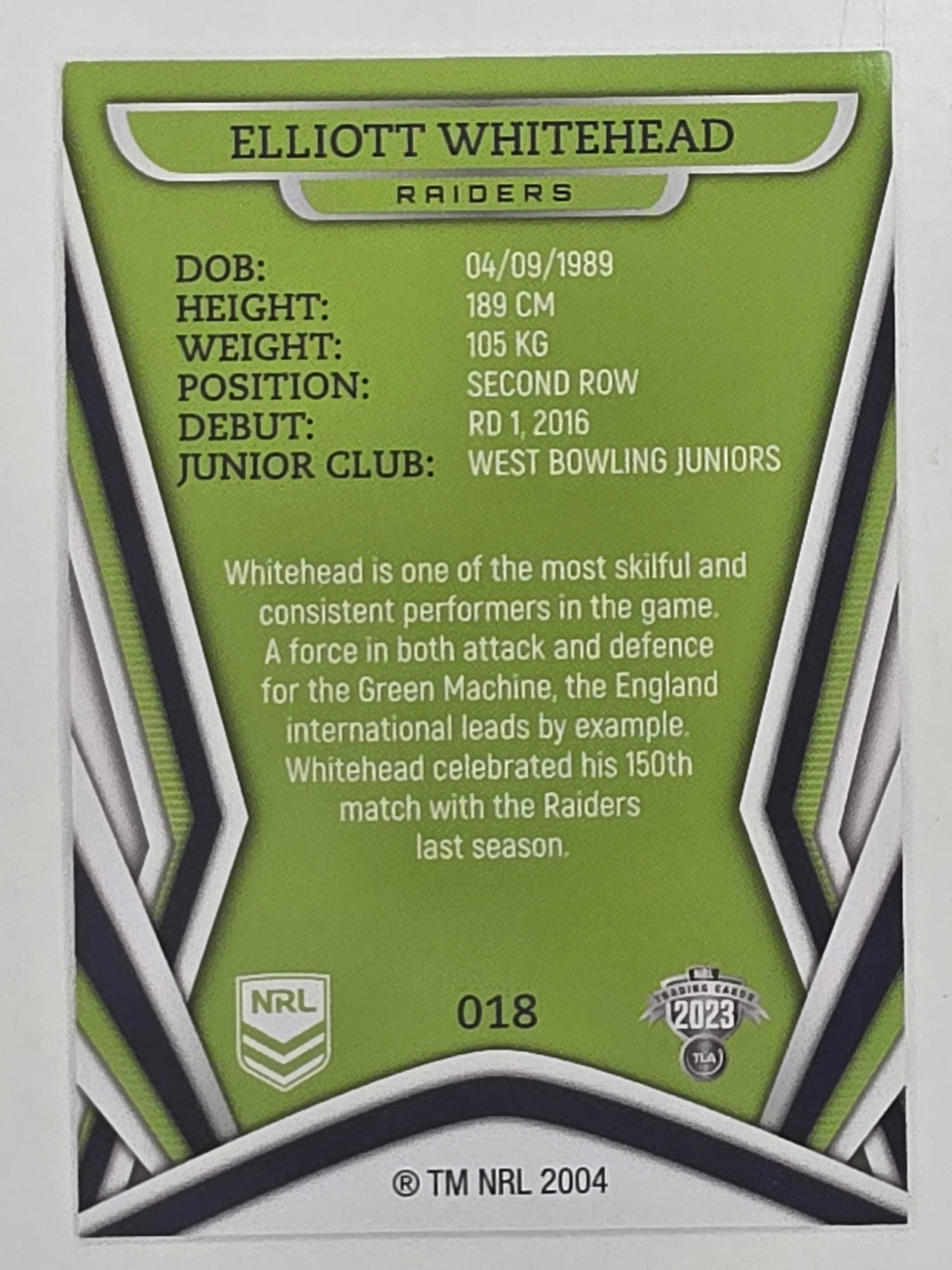 NRL 2023 Traders Titanium Base Card #018 Elliott Whitehead Canberra Raiders