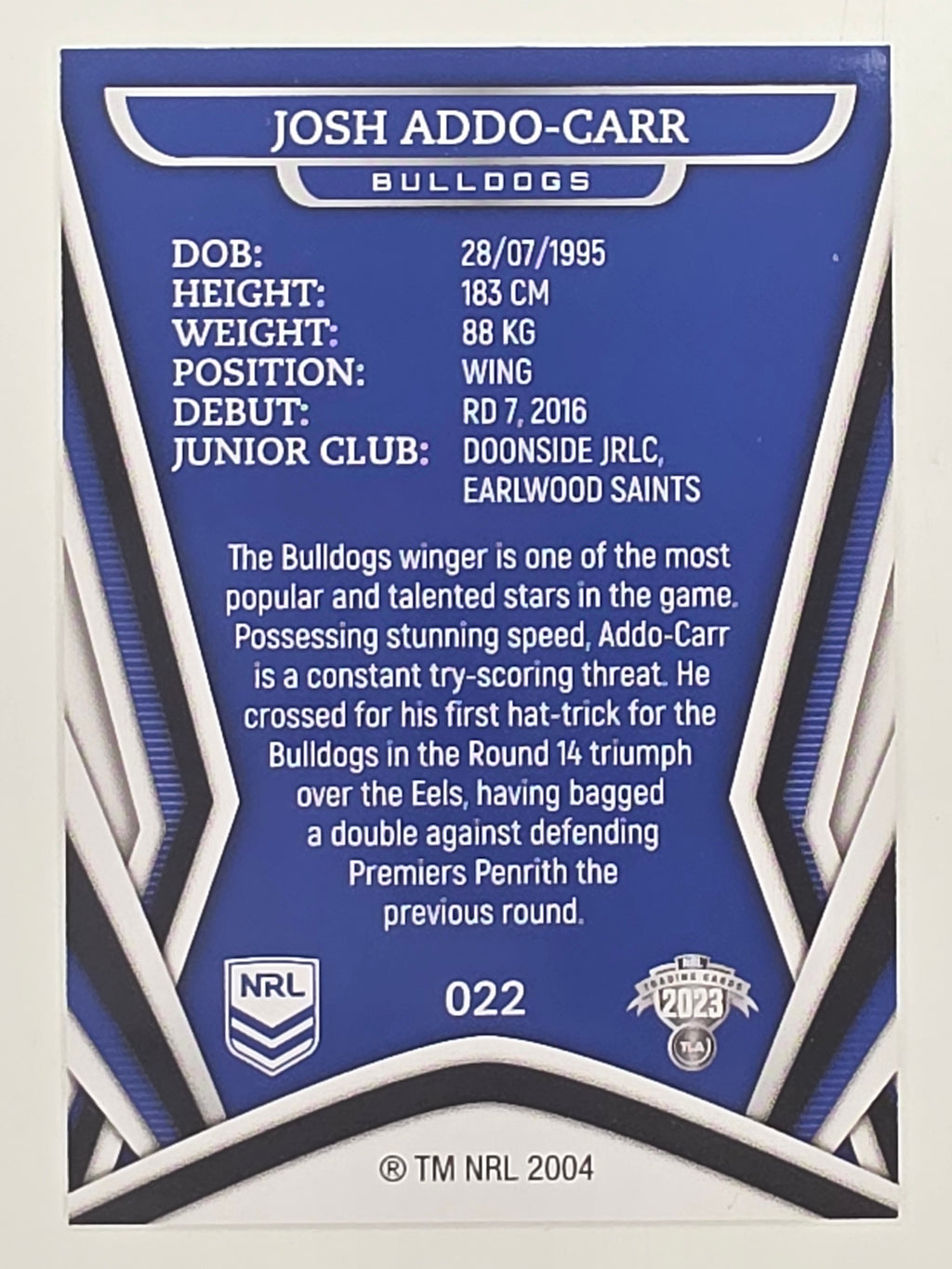 NRL 2023 Traders Titanium Base Card #022 Josh Addo-Carr Canterbury Bankstown Bulldogs