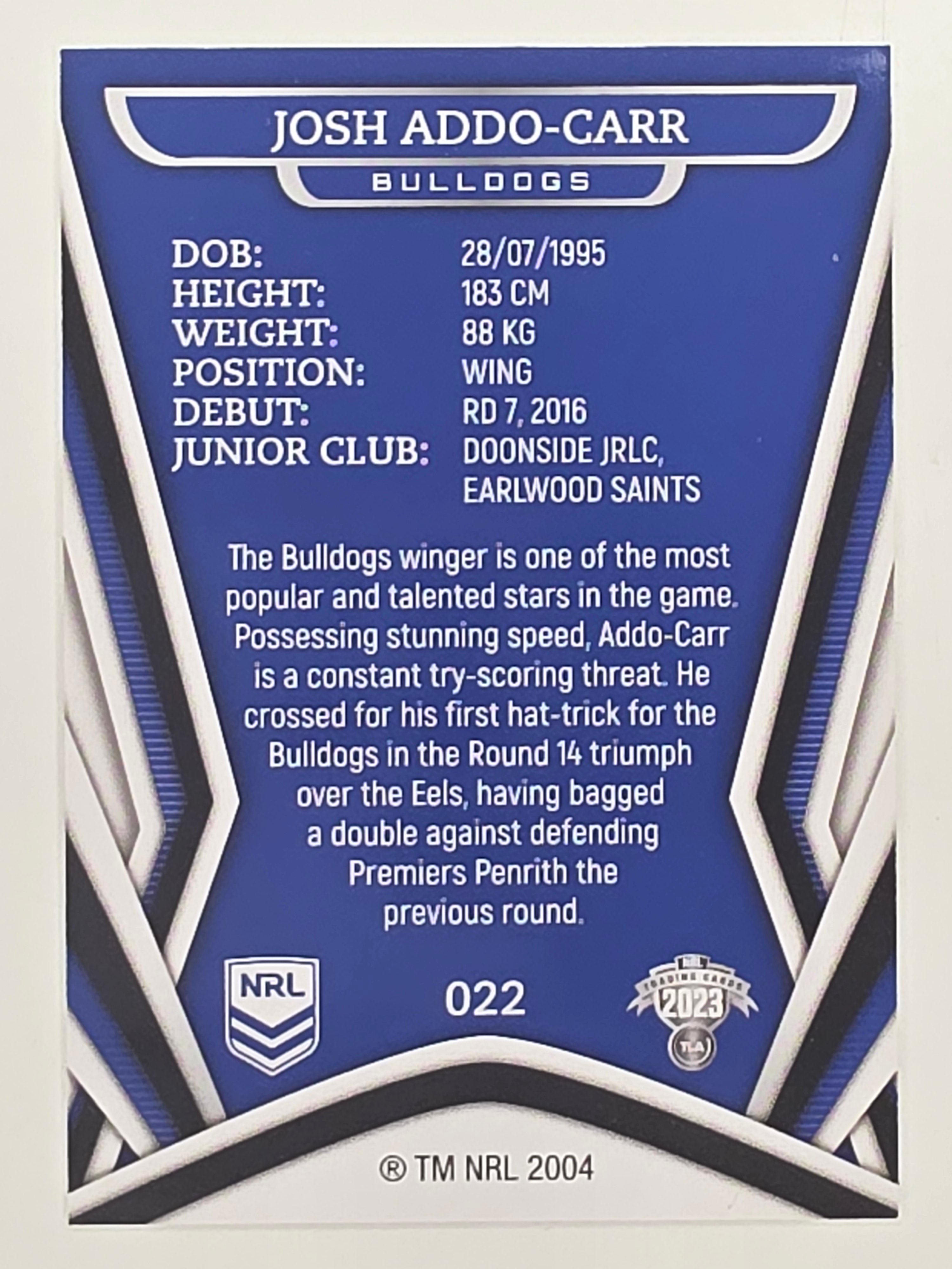 NRL 2023 Traders Titanium Base Card #022 Josh Addo-Carr Canterbury Bankstown Bulldogs