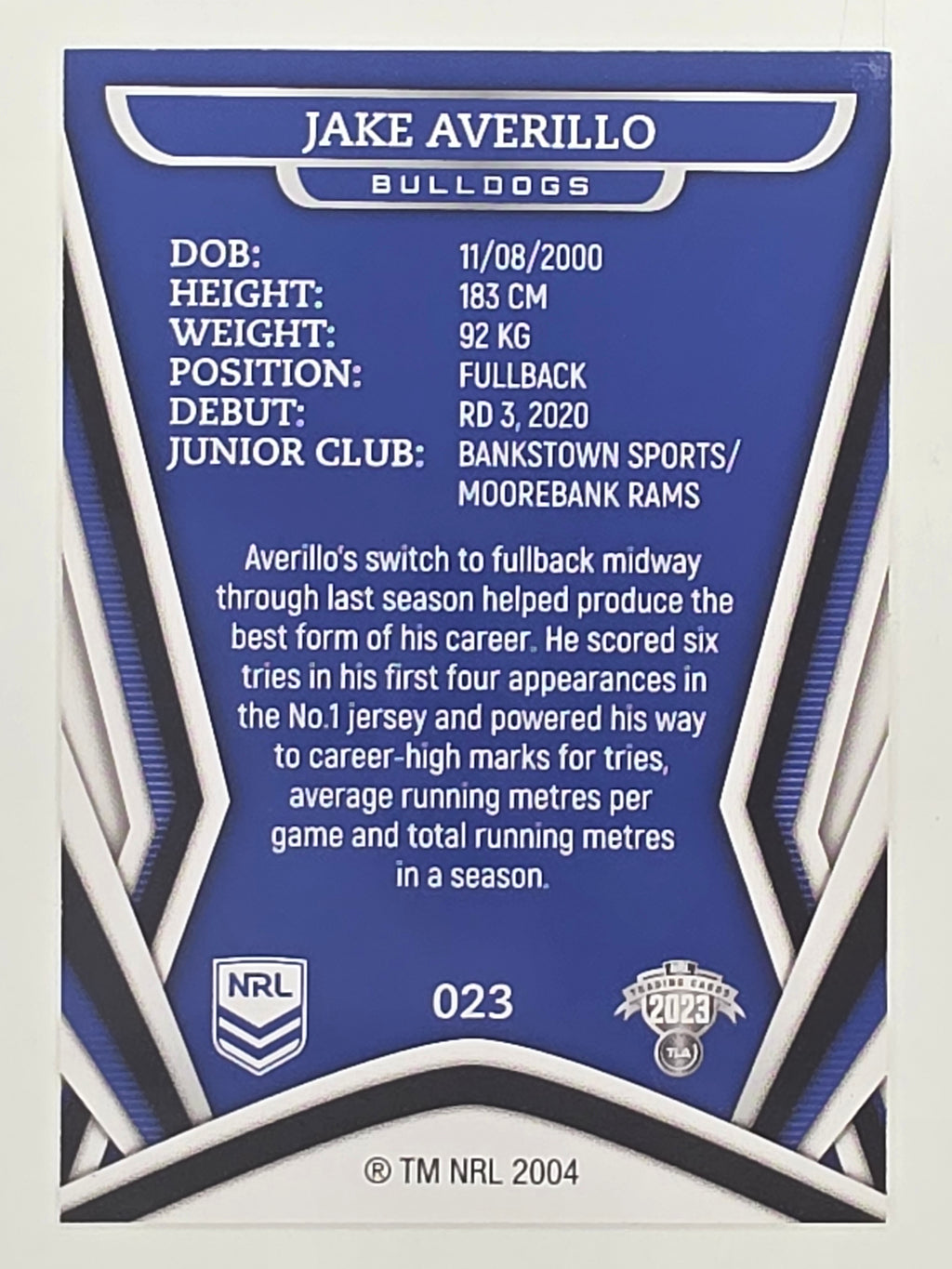NRL 2023 Traders Titanium Base Card #023 Jake Averillo Canterbury Bankstown Bulldogs