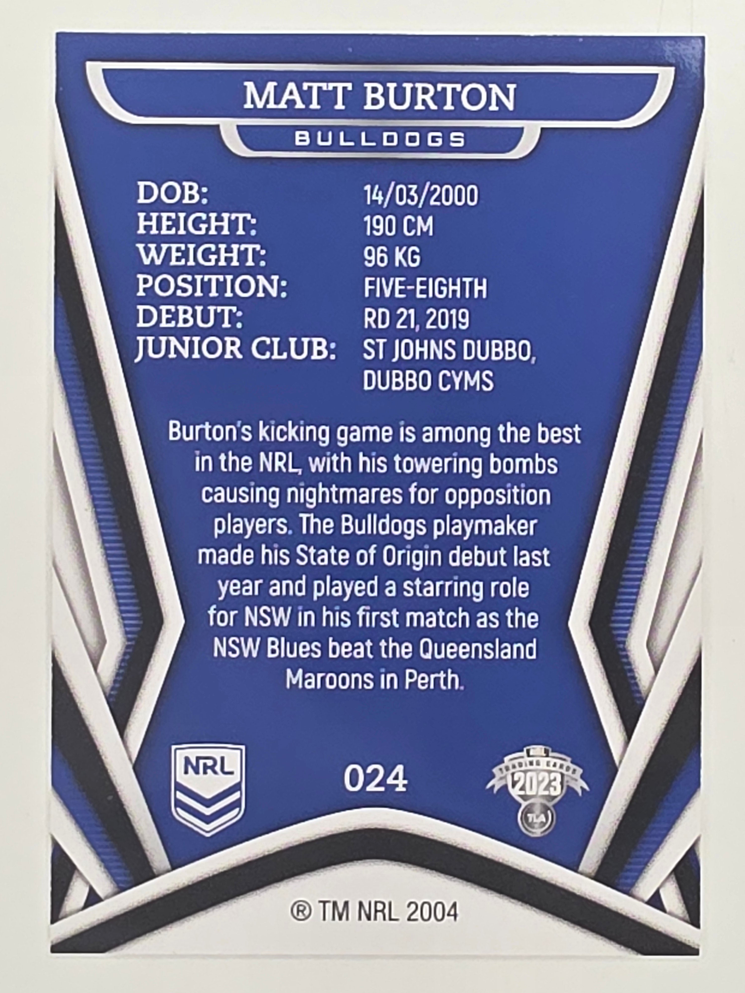 NRL 2023 Traders Titanium Base Card #024 Matt Burton Canterbury Bankstown Bulldogs