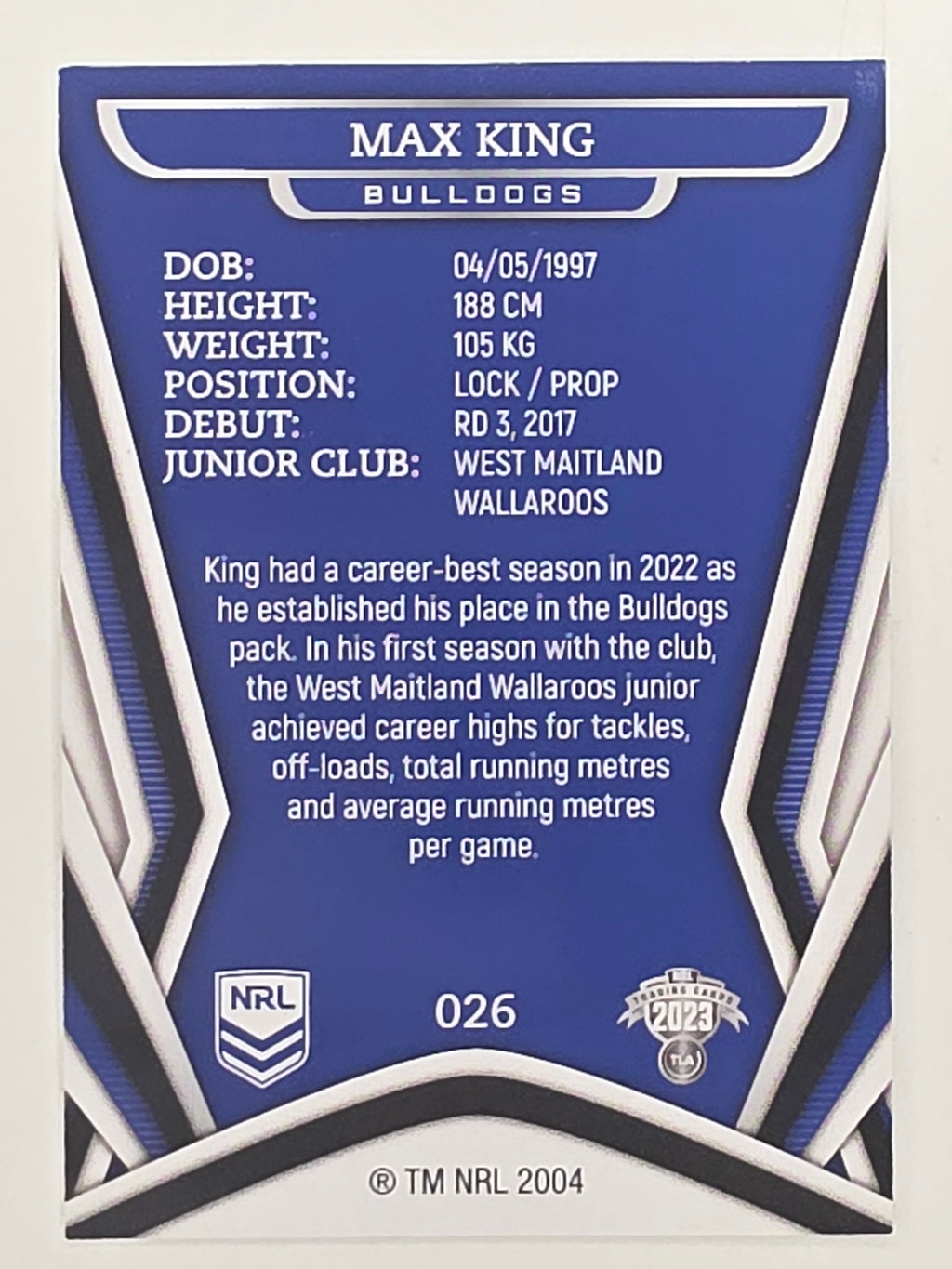 NRL 2023 Traders Titanium Base Card #026 Max King Canterbury Bankstown Bulldogs
