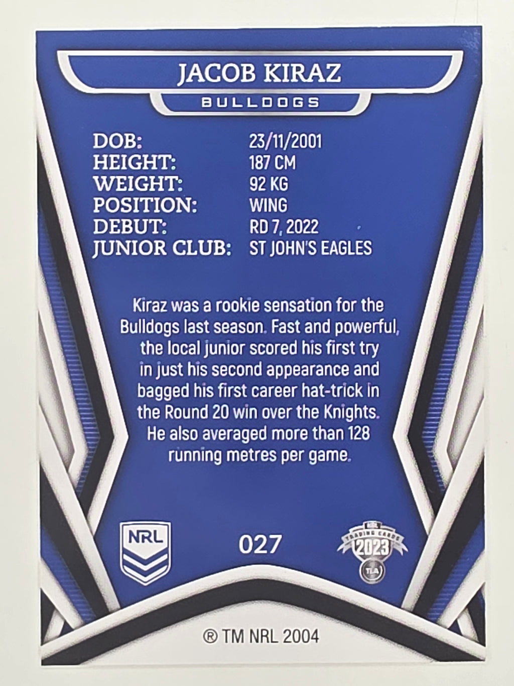 NRL 2023 Traders Titanium Base Card #027 Jacob Kiraz Canterbury Bankstown Bulldogs